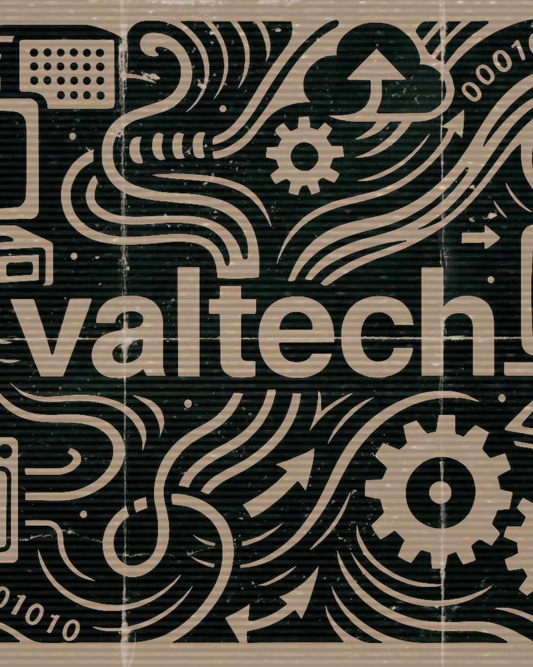 Close-up of a black and white graphic design with the word 'valtech' and various tech and gear icons.