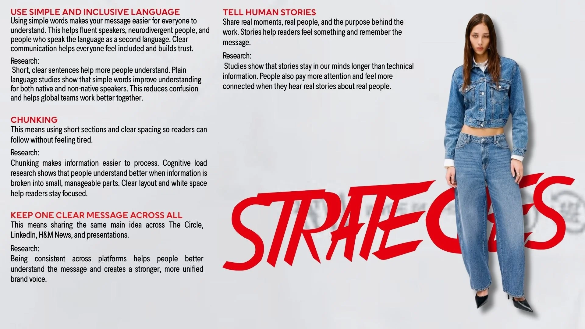 A woman in a blue denim jacket and jeans standing in front of a wall with large red text that says 'STRATEGIC' and informational text about effective communication methods.