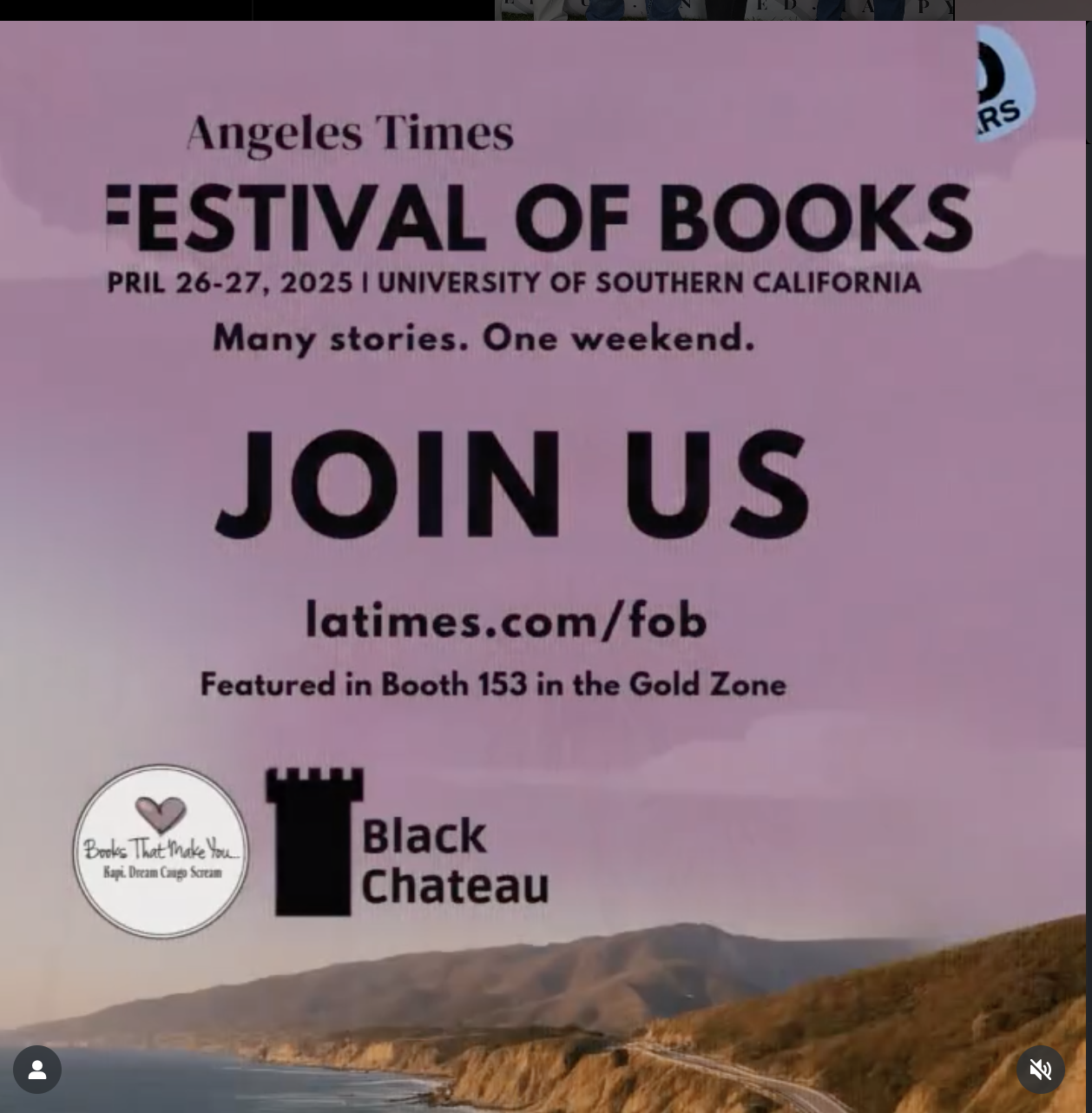 Pink promotional poster for the Angeles Times Festival of Books, scheduled for April 26-27, 2025, at the University of Southern California. The poster encourages people to join at latimes.com/fob, features Booth 153 in the Gold Zone, and highlights a