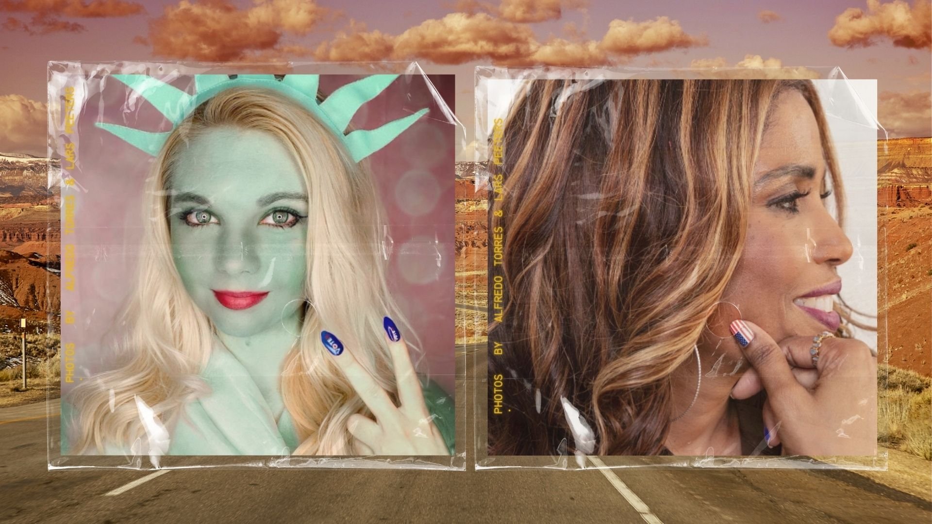Side-by-side portraits of two women, one with blonde hair, digitally edited to appear greenish with a Statue of Liberty crown, and the other with wavy brown hair, smiling with her hand near her chin, set against a desert landscape with a road and canyon in the background.