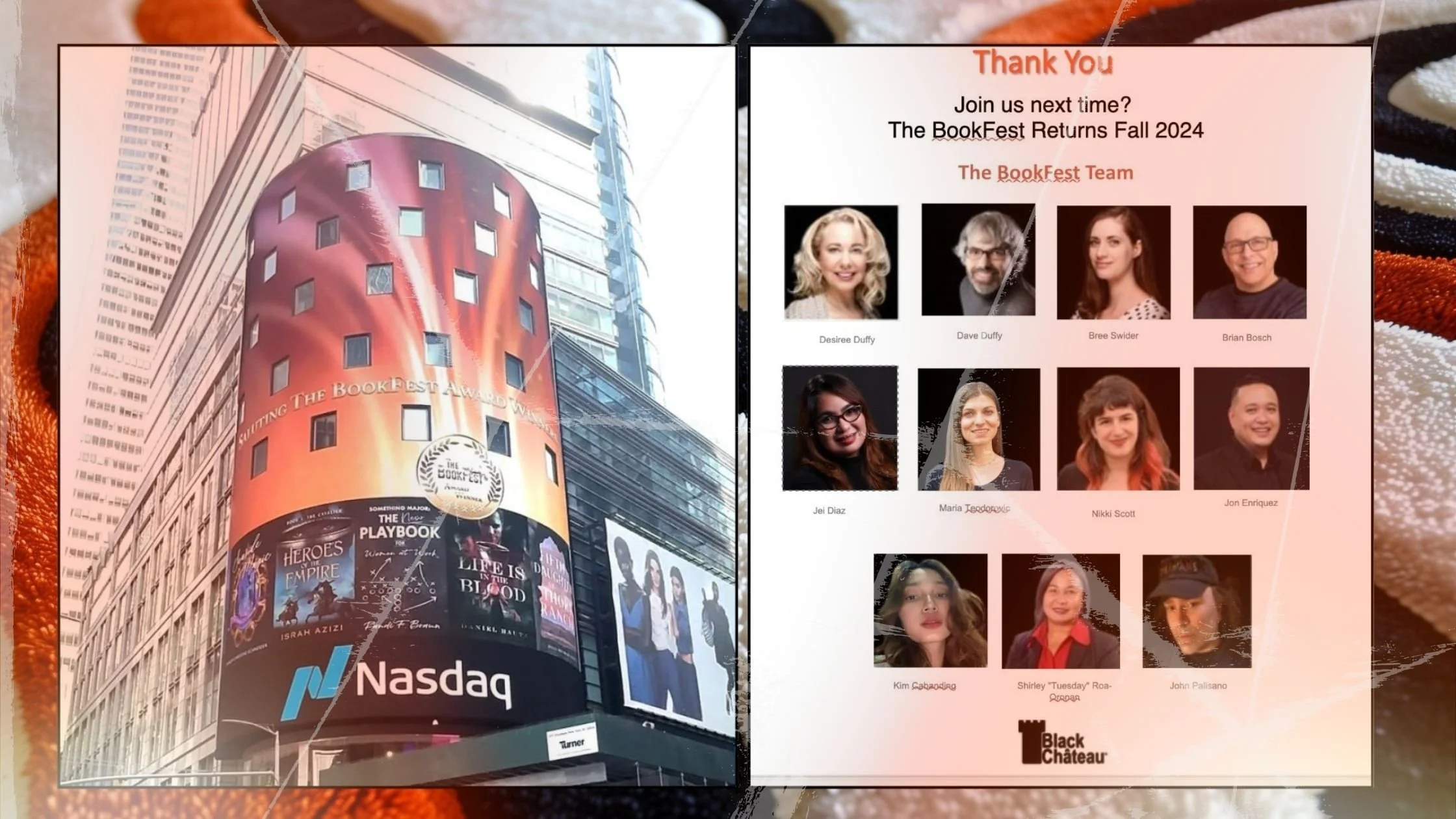 A city building with billboard advertisements, including a Nasdaq sign, and a digital display showing covers of books and a group of people with names, in a thank you message for the BookFest Team.
