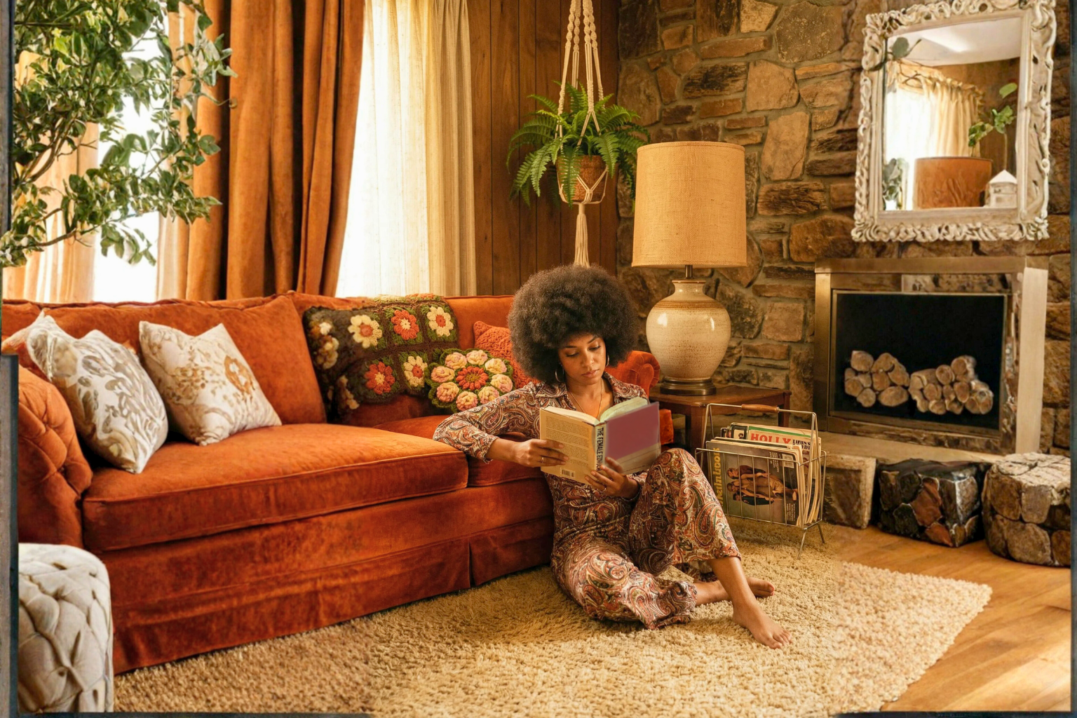 A woman with an afro hairstyle sitting on a beige rug, reading a book in a cozy living room with a burnt orange sofa, decorated with floral and textured pillows, a stone fireplace, a large mirror, a table lamp, and a hanging plant.