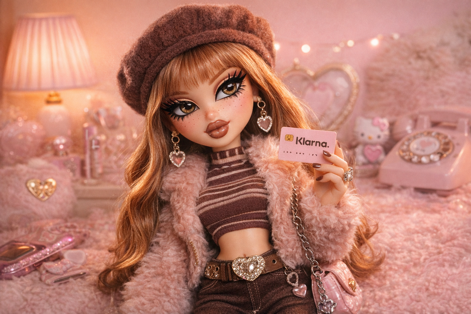 A doll with large eyes, long reddish-brown hair, and makeup, holding a pink Klarna card in a pink-themed room decorated with hearts, Hello Kitty plush, and vintage-style accessories.