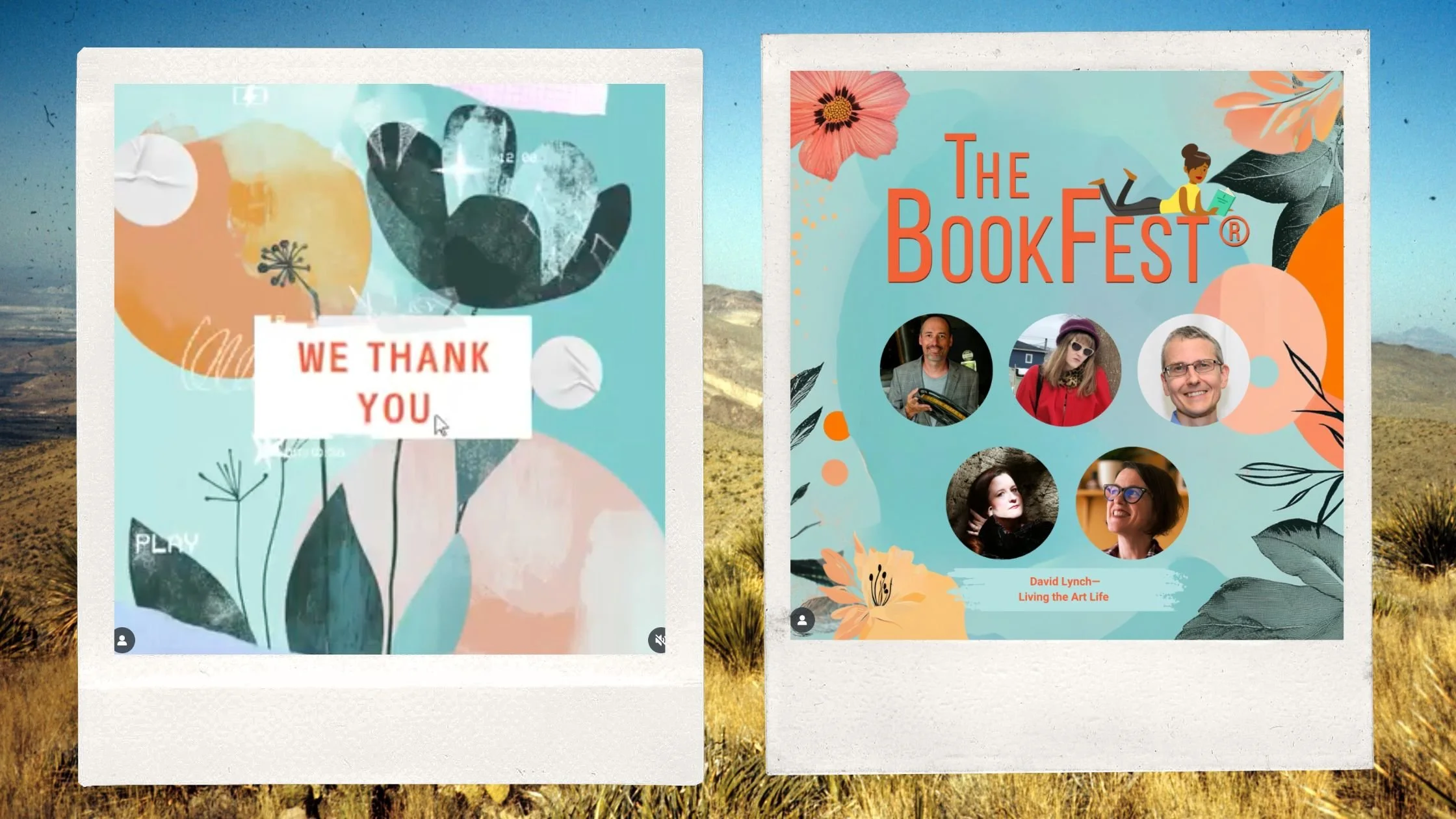 Two digital posters with floral and artistic designs, one says 'WE THANK YOU' and the other promotes 'THE BOOKFEST' event with photos of five speakers, set against a landscape background of mountains and open fields.