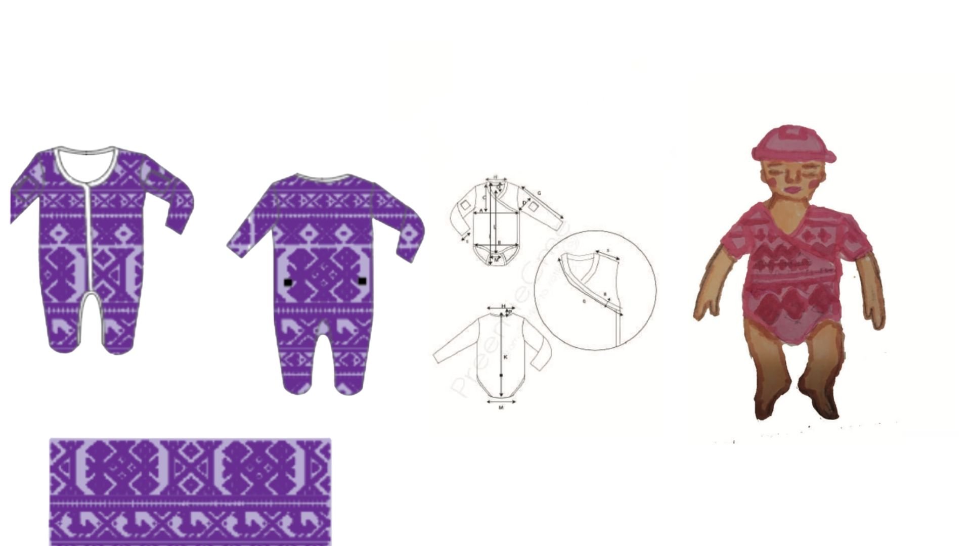 Patterned purple and pink baby onesies, sewing patterns, and a doll wearing a pink patterned outfit with a hat.