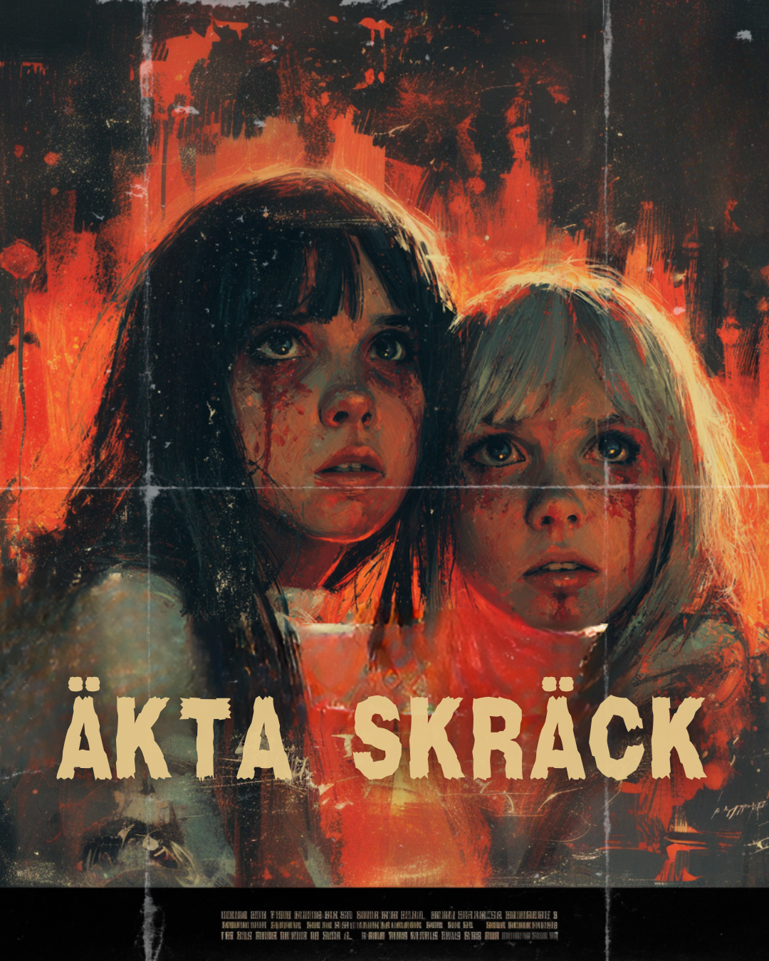 A horror movie poster featuring two young girls with blood on their faces, set against a fiery, red-orange background. The title is in Swedish, "ÄKTA SKRÄCK," which translates to "Real Horror."