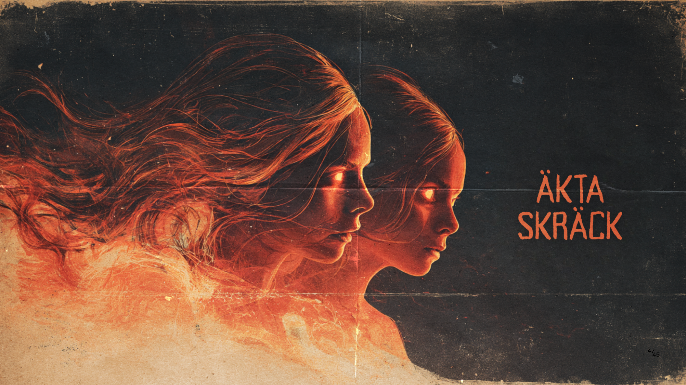 Digital artwork of two female faces in profile, glowing with an orange hue, with flowing hair merging into a smoky background. The text 'ÄKTA SKRÄCK' is visible on the right side of the image.