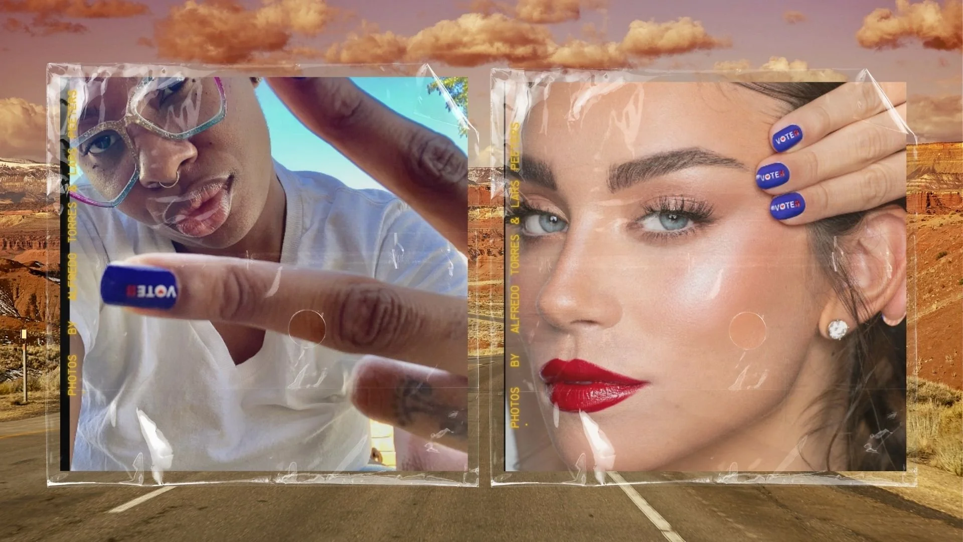 Two large photo prints of women with striking makeup and blue 'VOTE' nails, displayed on a desert road backdrop with canyon landscape and dramatic clouds.