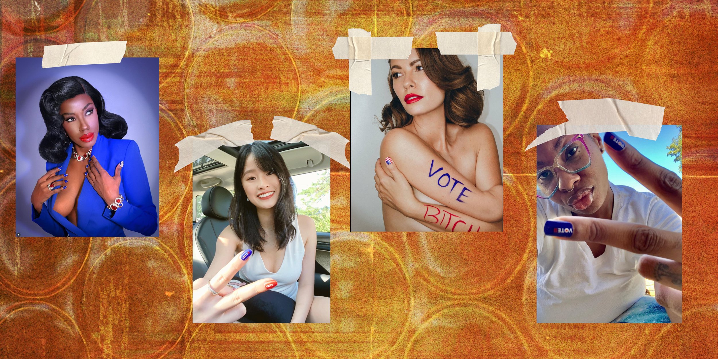 Collage of four women displaying 'Vote' and 'Bitch' written on their arms or nails, participating in a voting or political activism theme.