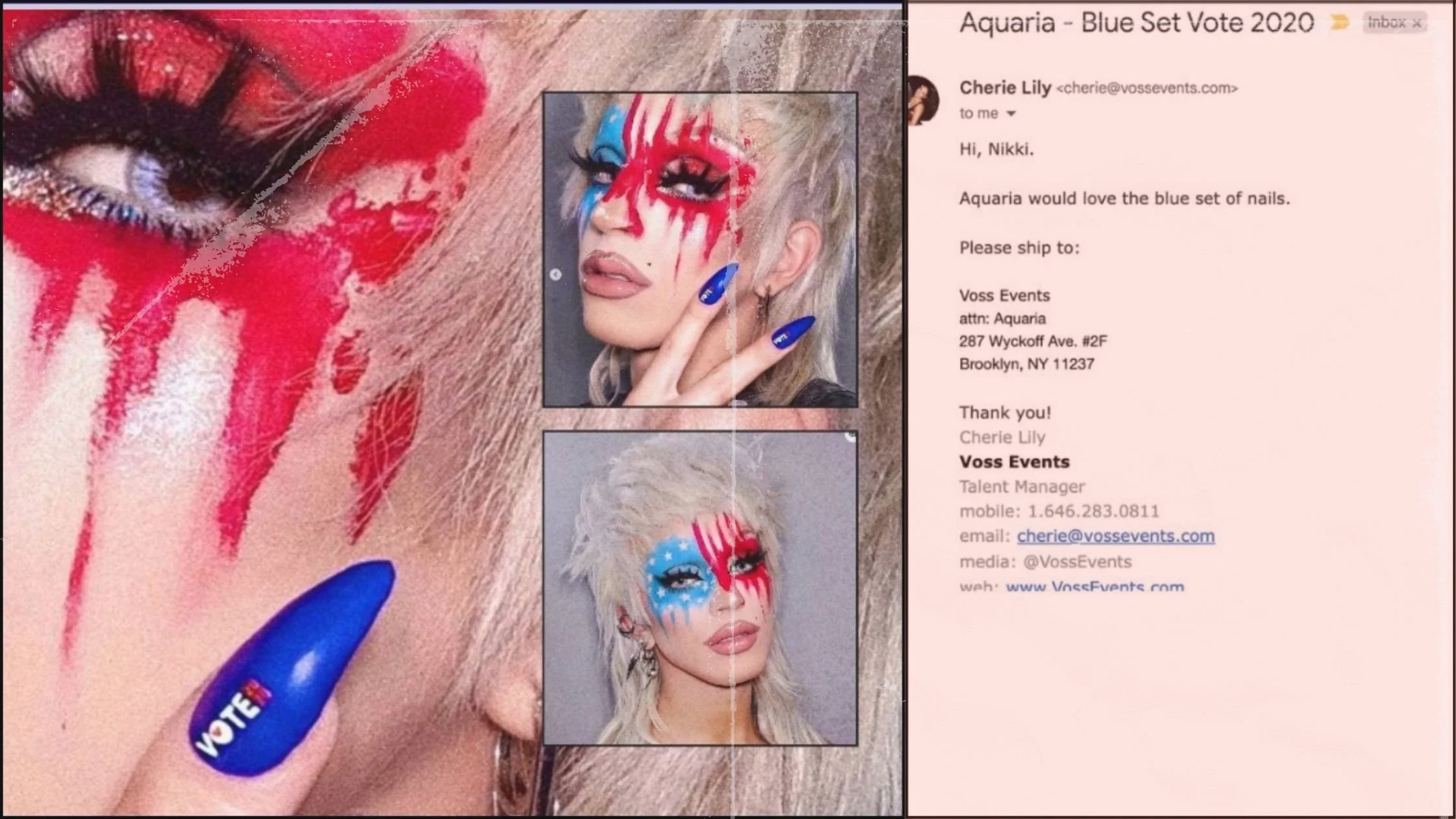 A flyer for Aquaria's Blue Set Vote 2020 featuring makeup looks with red, white, and blue face paint. The background shows close-up makeup detail, including a blue painted finger with a 'VOTE' nail. The right side contains a message requesting to ship blue nail sets to Voss Events in Brooklyn, NY, addressed to Cherie Lily, with contact information and social media links.