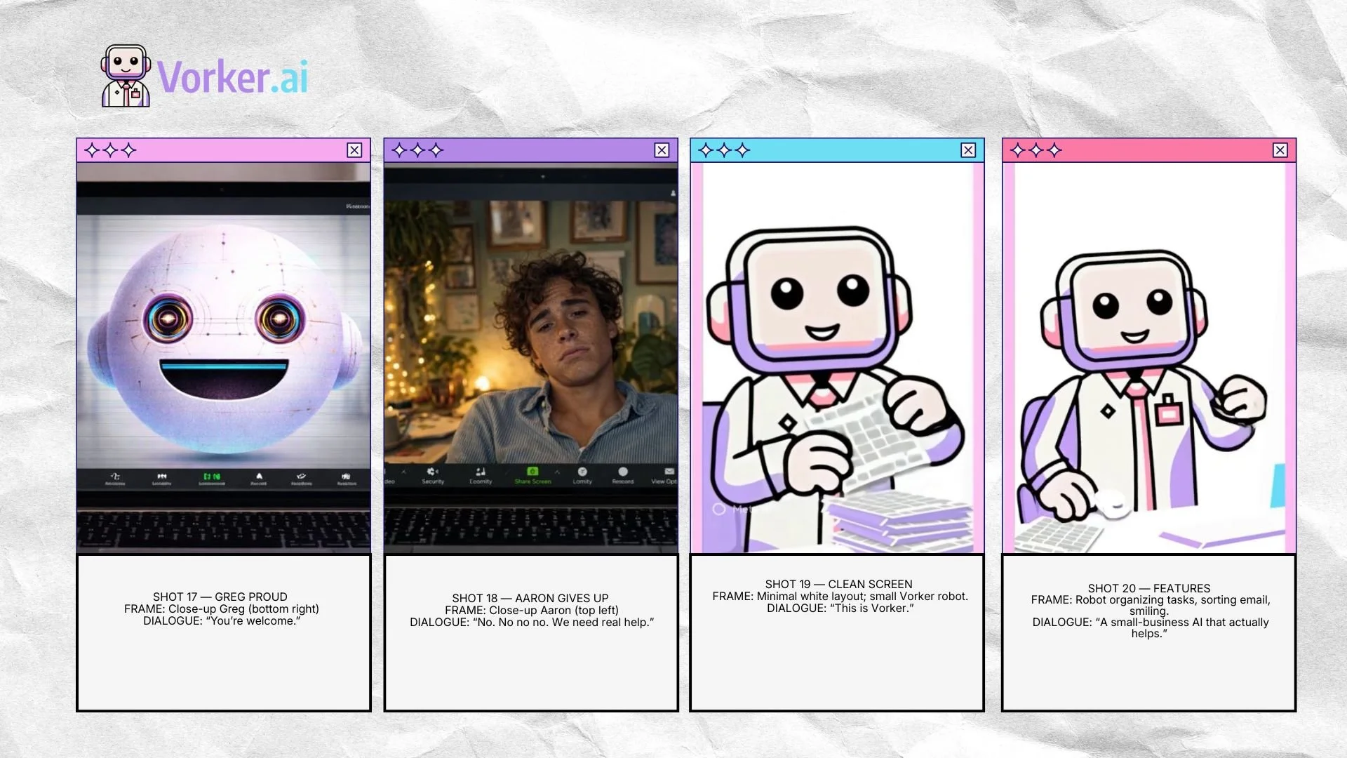 A series of four images related to Vorker.ai. The first image shows a digital animation of a robot face with large eyes and a wide smile. The second image depicts a young man with curly hair sitting in front of a computer screen during a video call. The third image is a cartoon illustration of a small robot holding a keyboard, labeled as a clean screen feature. The fourth image is a cartoon of a small robot in a lab coat, smiling and pointing at a laptop, labeled as a features shot.