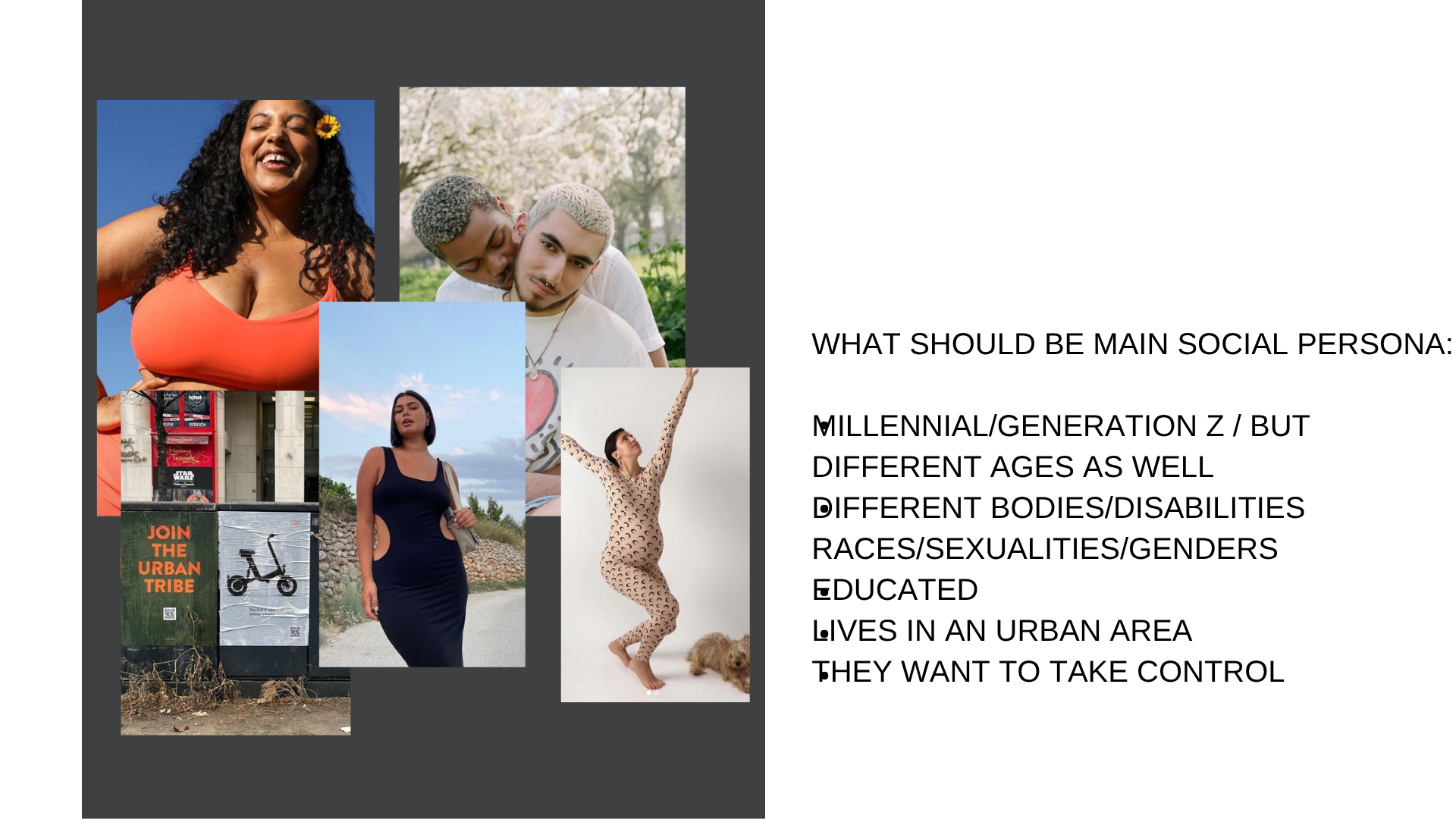A collage of diverse individuals representing various ages, races, body types, and abilities, accompanied by text emphasizing the importance of inclusivity, education, urban living, and community engagement.