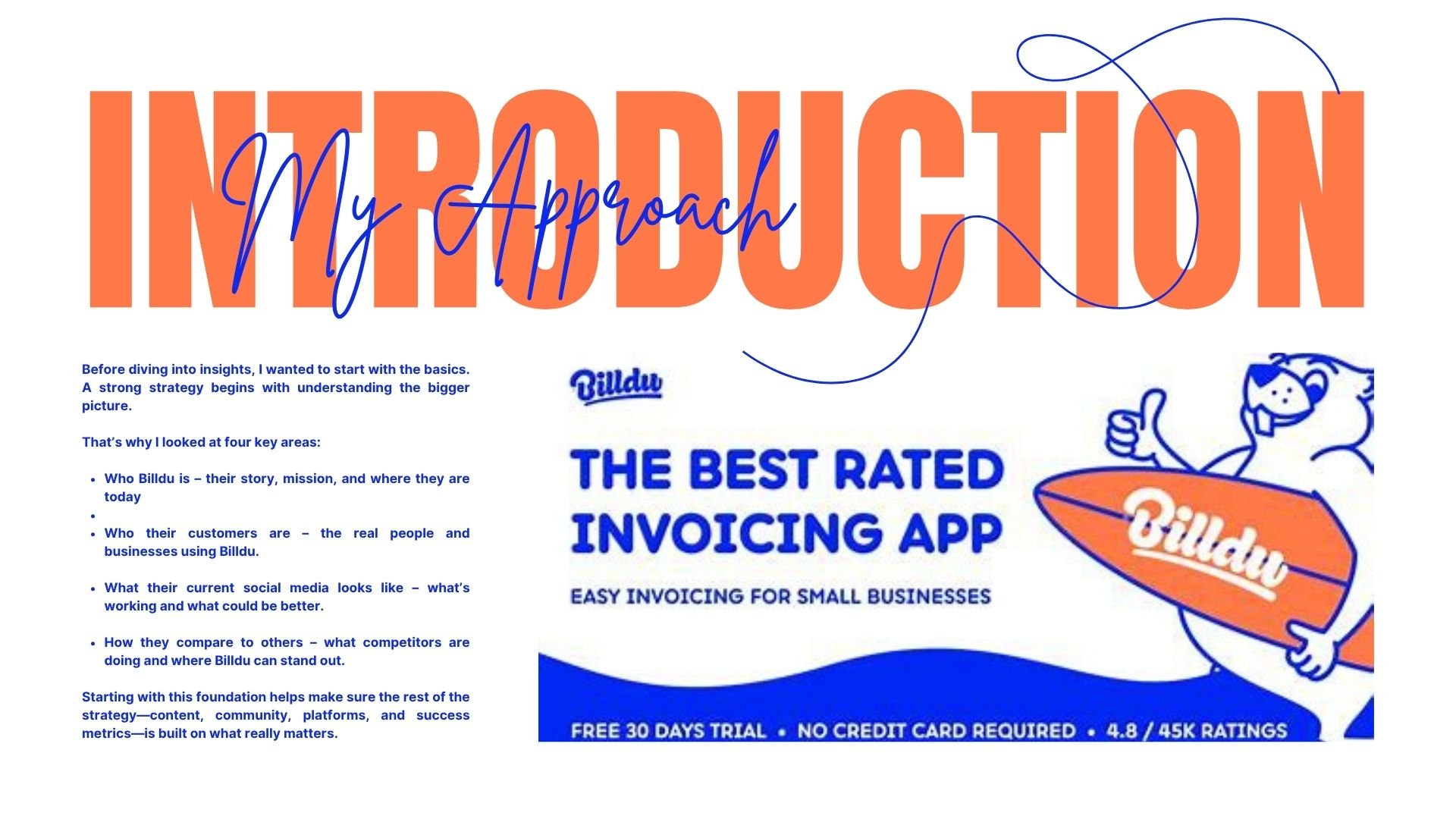 An advertisement for Billdu, a social invoicing app. The ad highlights features like the story, mission, customer base, social media presence, competitive advantages, and free trial offer. The ad includes a cartoon lion mascot giving a thumbs up, with bold orange and blue text emphasizing the app's rating and benefits.