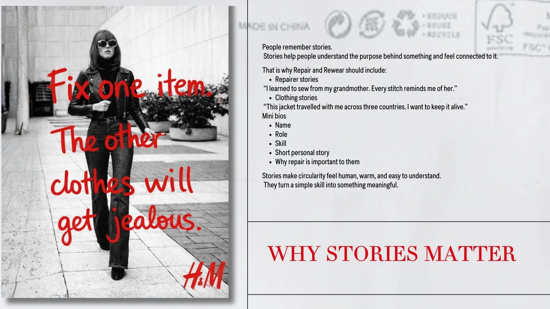 A black-and-white photo of a woman dressed in jeans, a leather jacket, and sunglasses, walking outdoors on a city sidewalk with a building and some plants in the background. Red text overlay reads, 'Fix one item. The other clothes will get jealous.' The bottom right corner has the H&M logo.