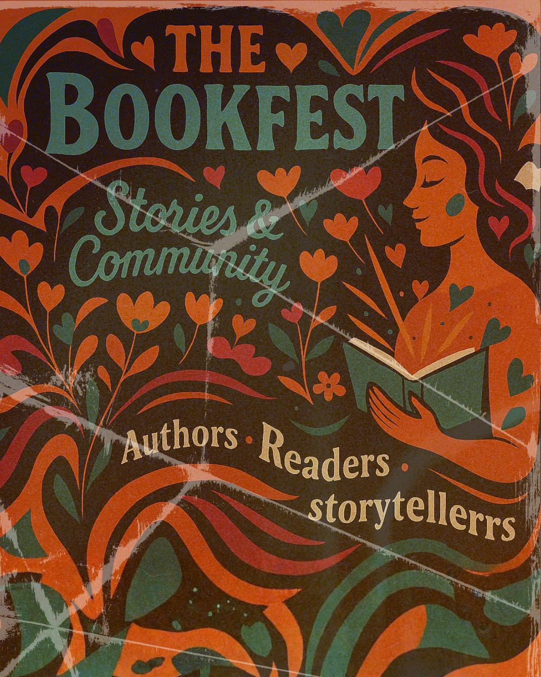 A colorful poster for The Bookfest highlighting stories and community, featuring a woman reading a book surrounded by hearts and decorative swirls.