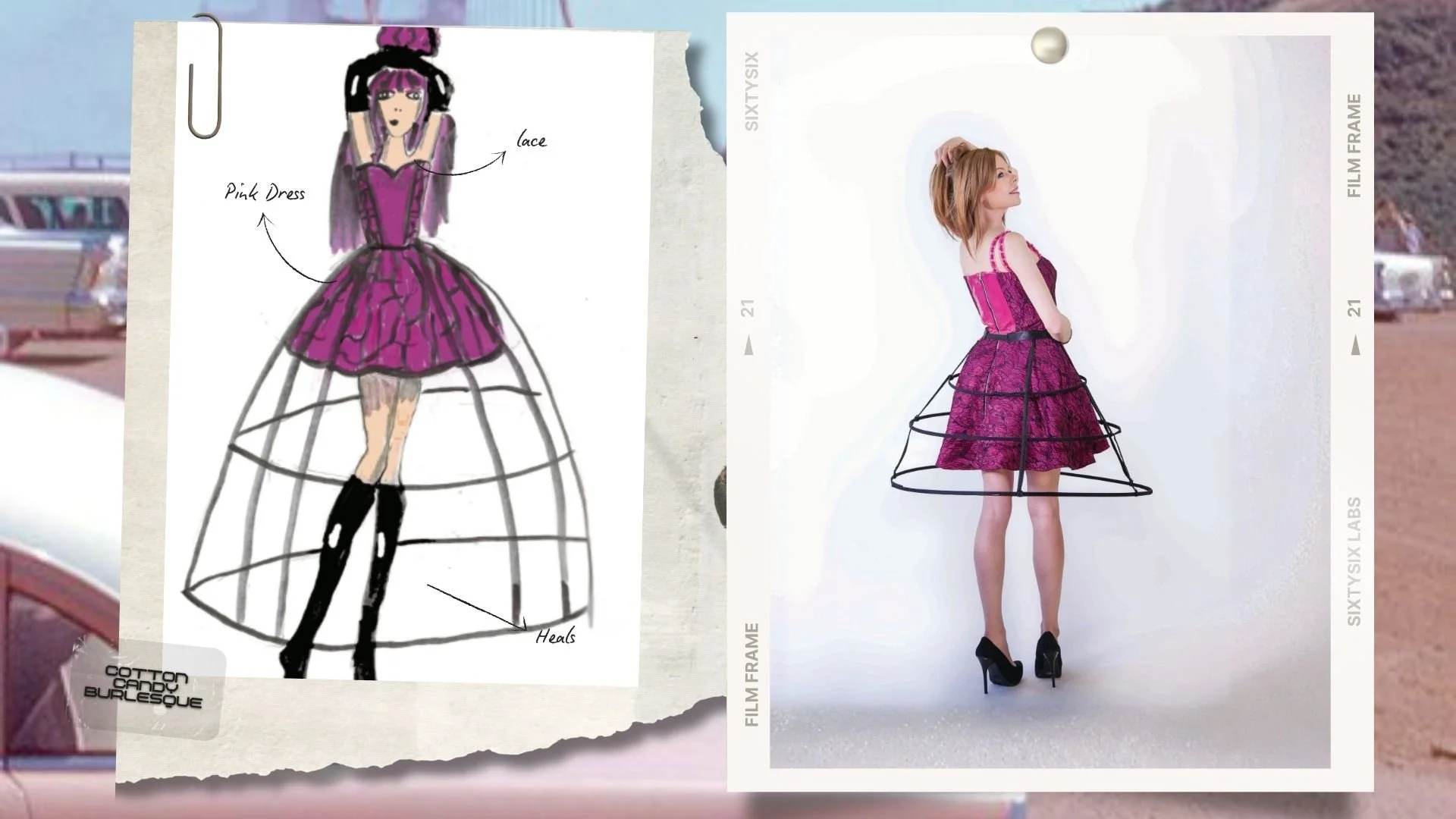 Comparison of a designer sketch and a photograph of a model wearing a pink and purple dress with a hoop skirt.