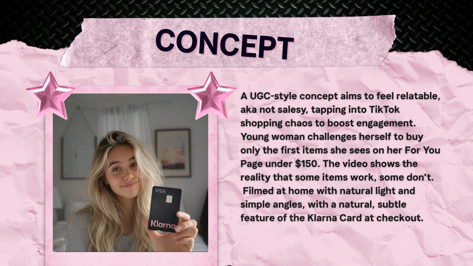 A young woman with blonde hair holding a Visa Klarna card, smiling, in a home setting with a picture frame and curtains in the background. The image is part of a presentation slide titled 'CONCEPT' with pink and black design elements and two pink stars.