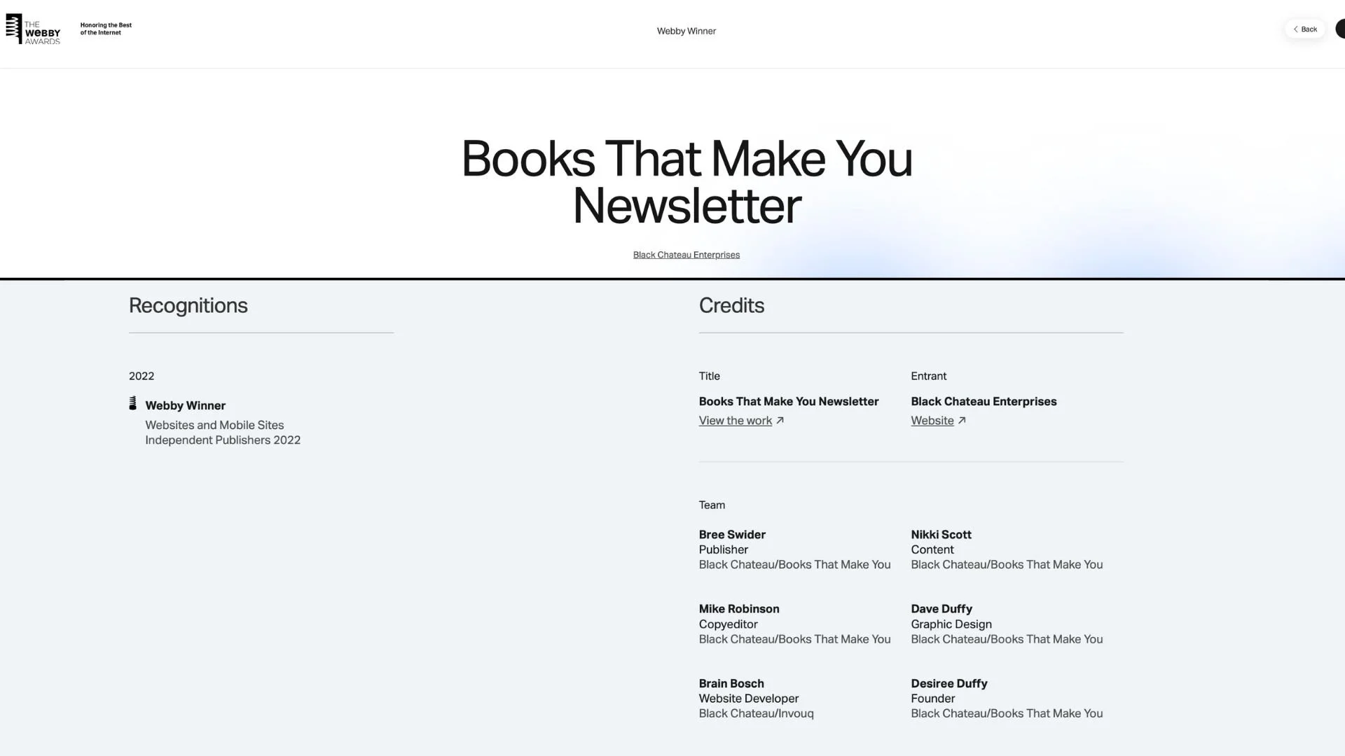 Screenshot of a webpage titled "Books That Make You Newsletter" acknowledging the Webby Award winner. The page displays recognitions and credits, including team members and their roles for the project.