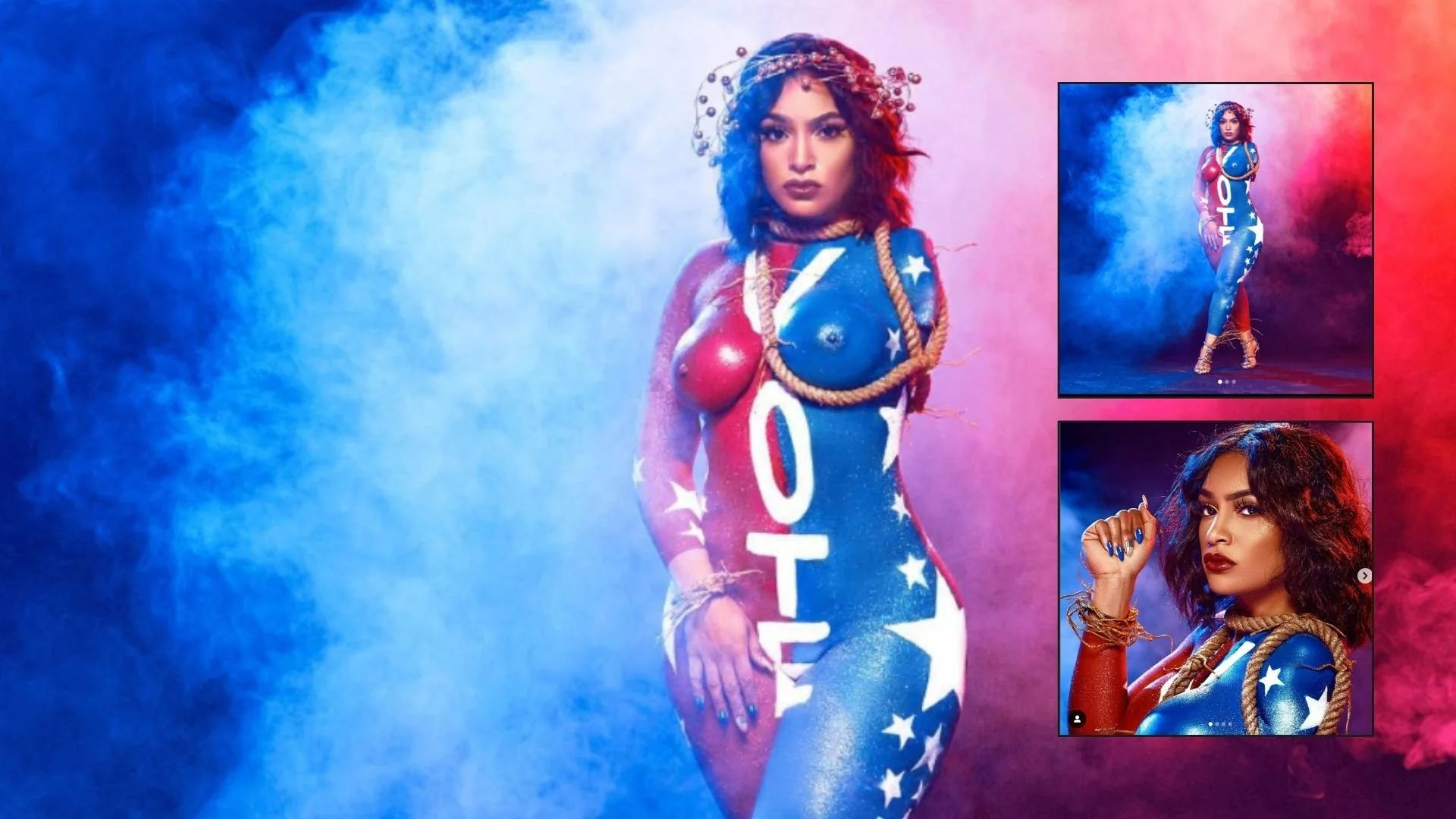 A woman with curly hair stands in a colorful smoky background, wearing a tight American flag-themed bodysuit with the word 'LOVE' vertically displayed. She has a confident expression, accessorized with a rope necklace, bracelets, and high heels. There are two smaller images on the right showing her striking different poses.