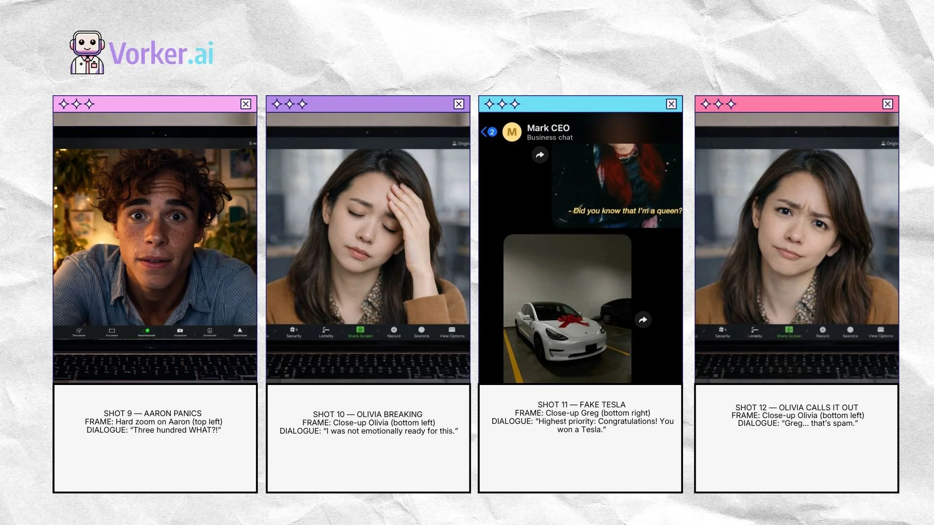 A collage of four screenshots from a virtual meeting app, each showing a different person or scene with captions indicating dialogue related to a script about winning a Tesla. The first image shows a young man with curly hair and a surprised expression, labeled Aaron Panics. The second image shows a woman with her eyes closed and hand on her forehead, labeled Olivia Breaking. The third image shows a close-up of a white Tesla with a red ribbon on it, labeled Fake Tesla. The fourth image shows a woman with a skeptical expression, labeled Olivia Calls It Out.