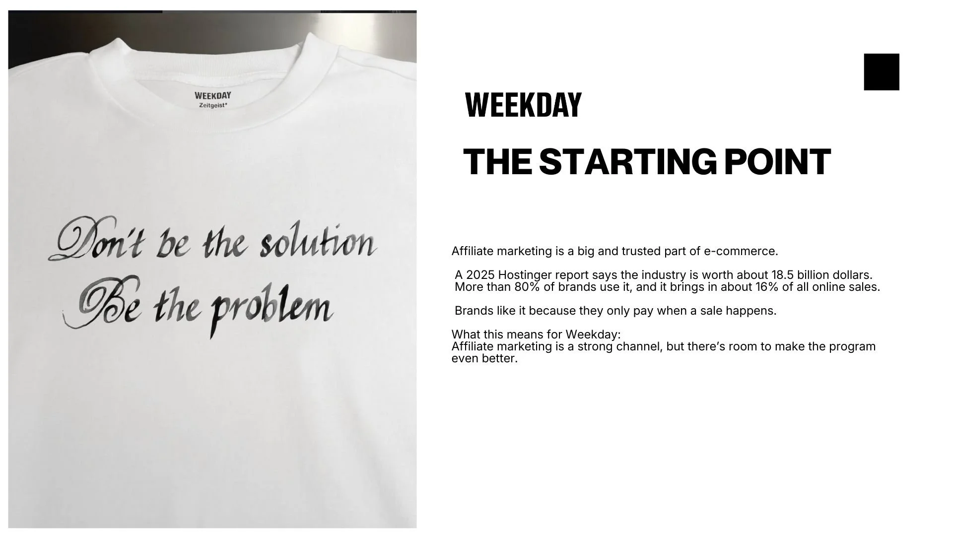 A white T-shirt with the quote "Don't be the solution, Be the problem" in black cursive font.