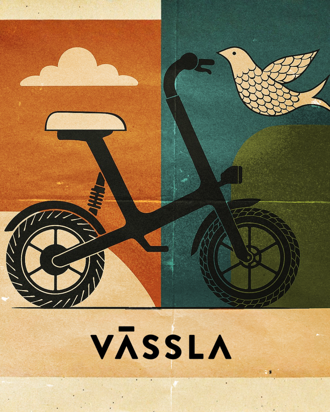 Illustration of a black bicycle with a white seat, on a divided background with a cloud on the left and a bird on the right, with the word "VÄSSLA" below.