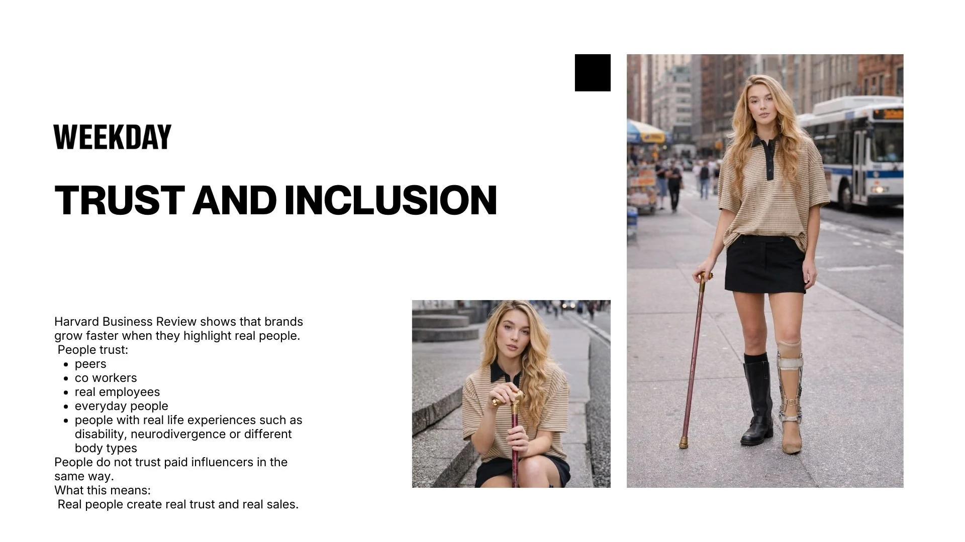 A woman with long blonde hair in a beige and black outfit walking on a city street holding a cane, with a bus and buildings in the background.