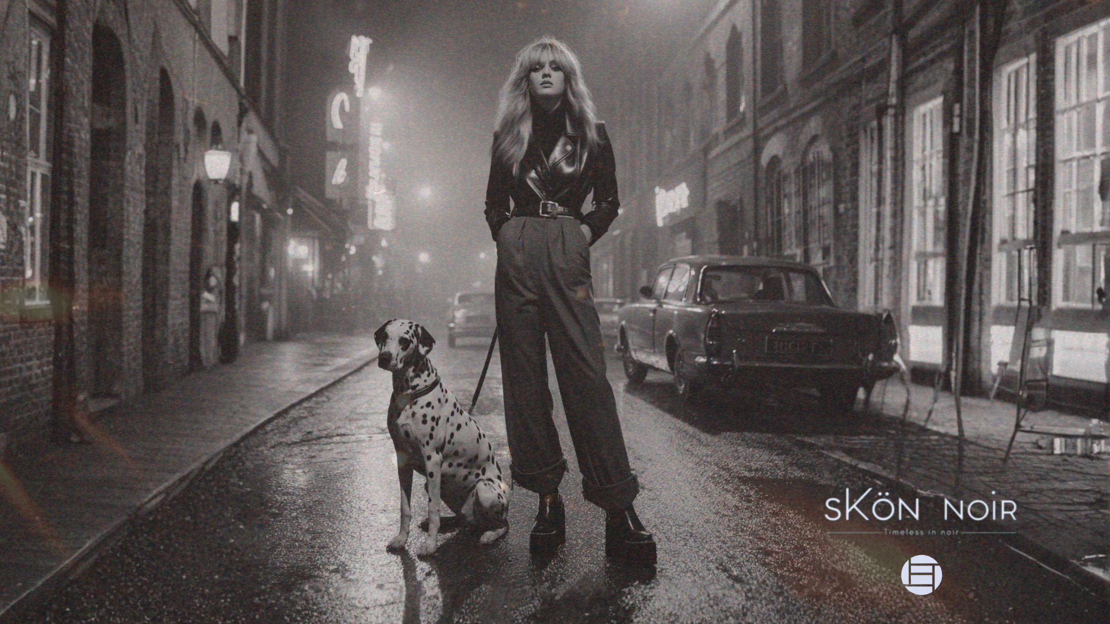 A woman with long, wavy blonde hair wearing a black leather jacket and high-waisted pants stands on a wet city street at night. She is holding a leash attached to a Dalmatian dog sitting beside her. Vintage cars are parked along the sidewalk, and lit signs and street lamps illuminate the scene. The photo is in black and white with a slight color tint. The bottom right corner features the text 'skön noir' and the tagline 'Timeless in noir'.