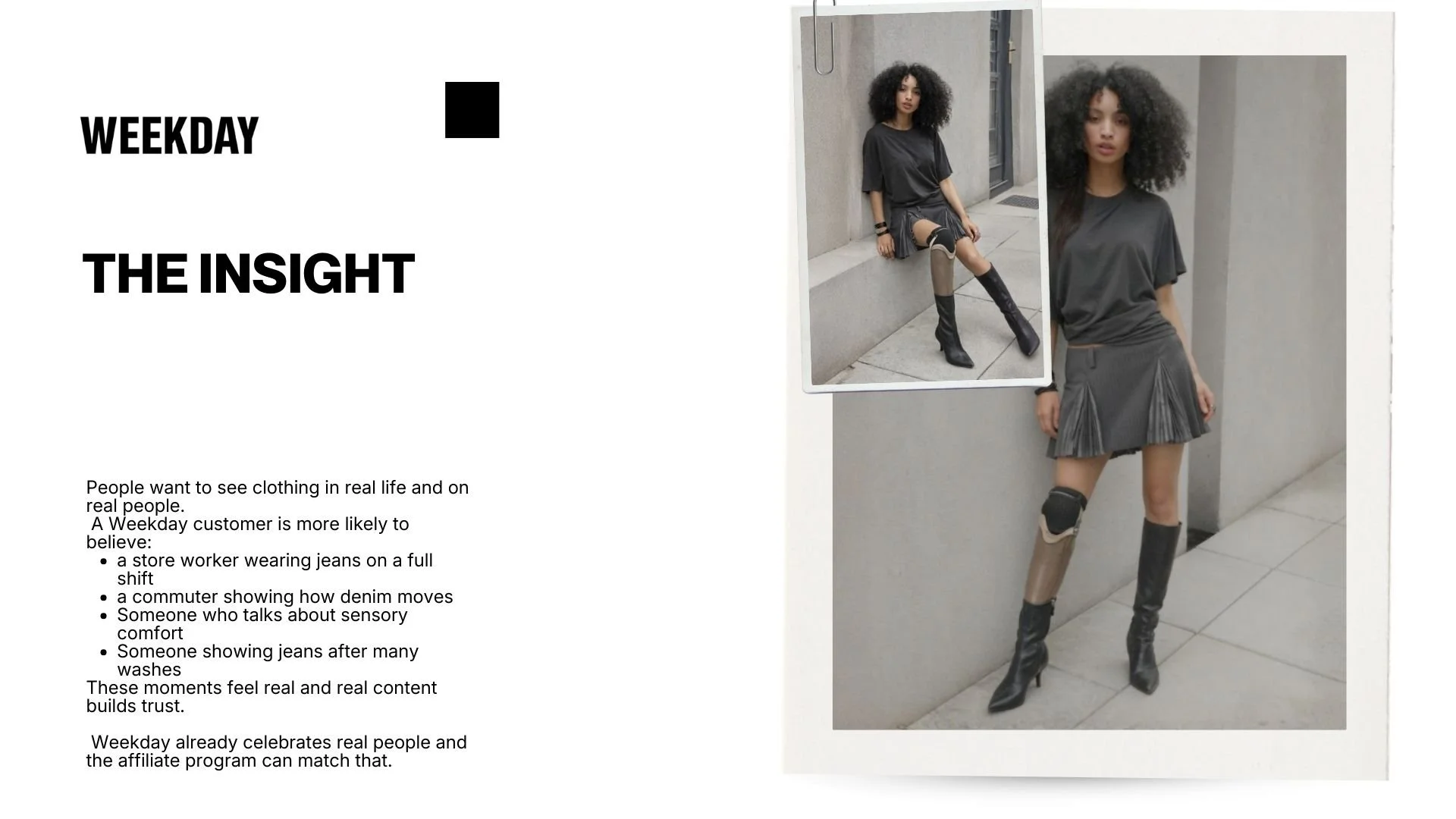 A woman with curly hair wearing a black outfit, including a T-shirt, skirt, and knee-high boots, posing against a gray concrete wall with a smaller photo inset of her sitting on a concrete ledge.