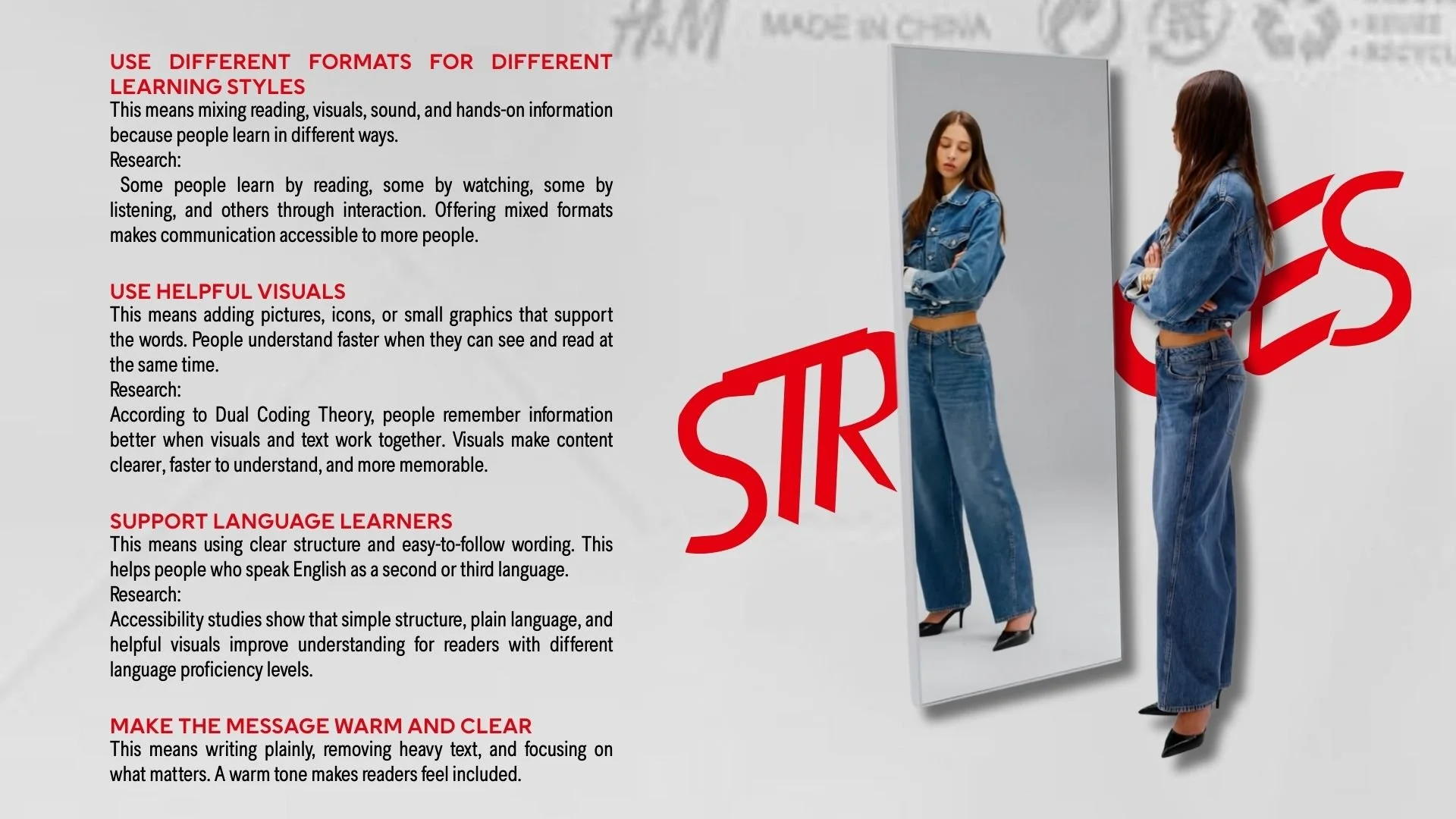 An informational poster explaining different communication and learning strategies, featuring a woman in jeans and a denim jacket looking at her reflection in a mirror.