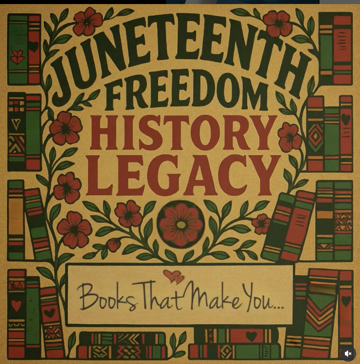 Book cover with the title 'Juneteenth Freedom History Legacy' and the subtitle 'Books That Make You...' surrounded by colorful illustrations of books, flowers, and decorative patterns.