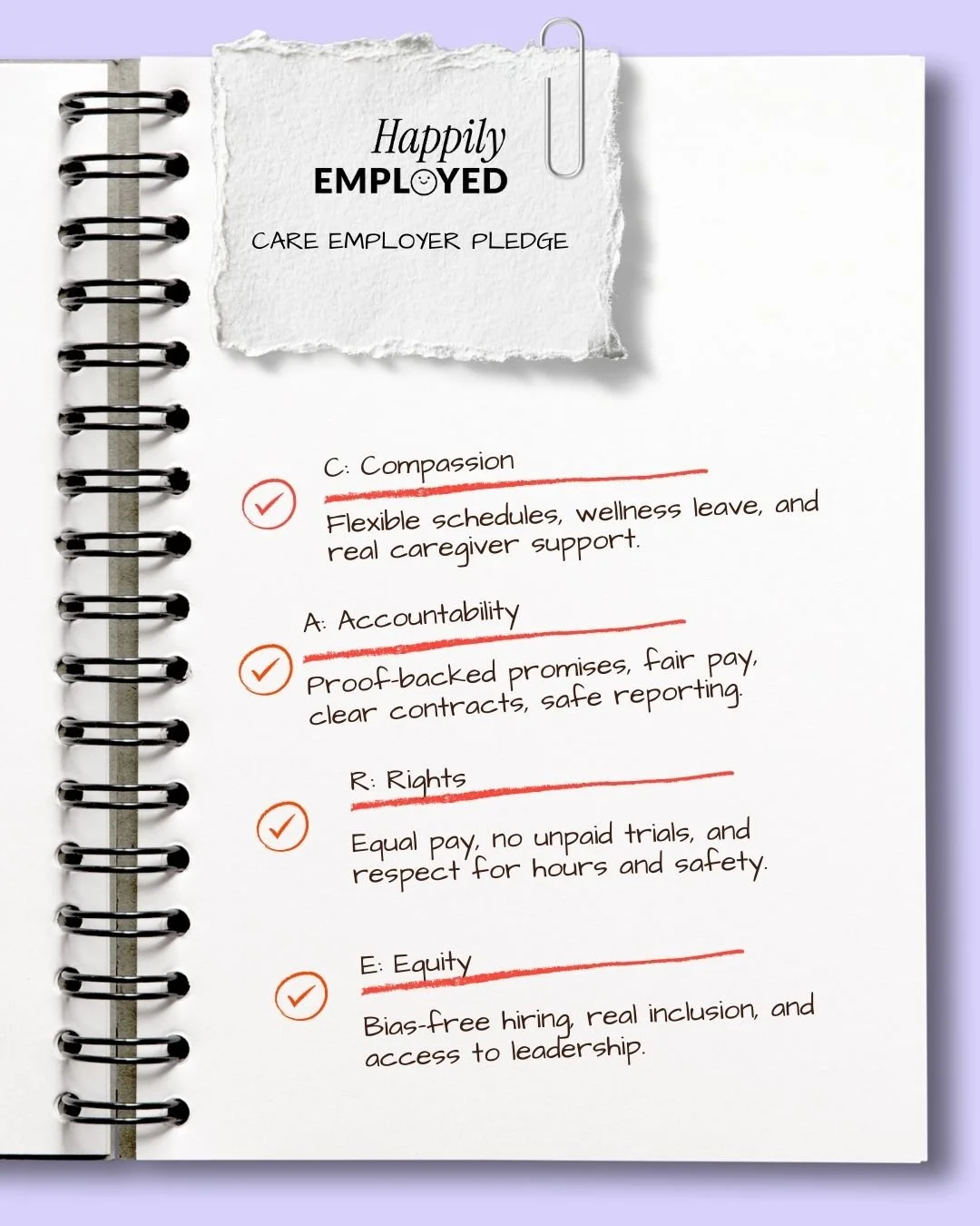 A spiral-bound notebook with a torn piece of paper that reads 'Happily Employed Care Employer Pledge.' The page has four points with red check marks next to each: C. Compassion, A. Accountability, R. Rights, and E. Equity, each with a brief descripti
