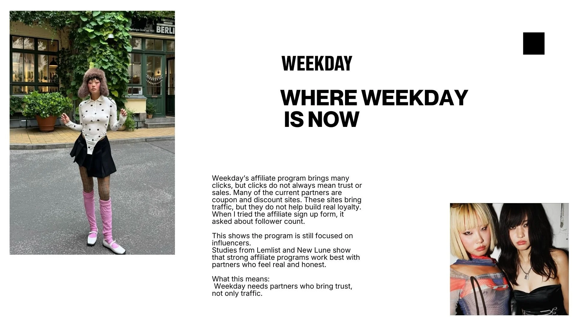 A woman standing outdoors on a city sidewalk, wearing a polka dot shirt, plaid tights, pink leg warmers, and a furry hat, with a building and greenery in the background. A small inset photo shows two women with blonde and dark hair, wearing fashionable clothing.