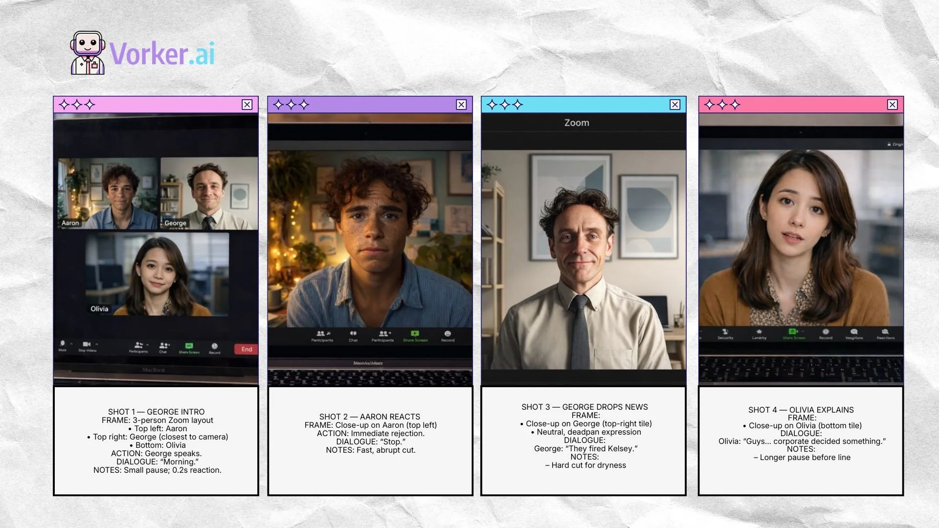 A four-panel infographic showing a step-by-step process of a virtual interview scene. The first panel displays a Zoom call with three participants labeled Aaron, George, and Olivia. The second panel zooms in on Aaron reacting with a serious expression. The third panel shows George dropping news with a close-up of his face, appearing neutral. The fourth panel depicts Olivia explaining with a slightly surprised expression. Each panel includes descriptive text and notes about the shots, actions, dialogues, and reactions.