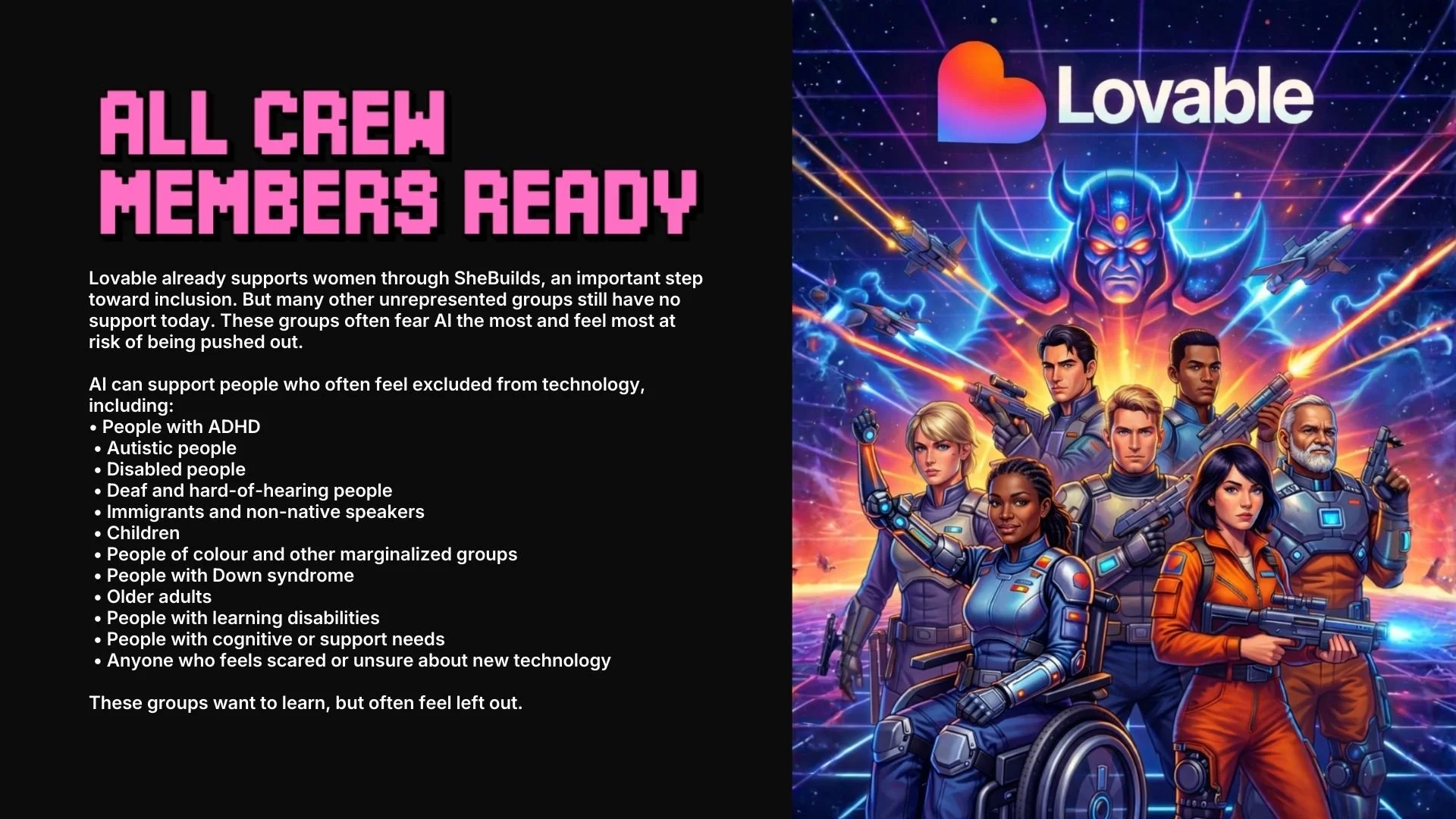 A graphic promoting AI support for marginalized groups, featuring a team of diverse characters in futuristic armor wielding weapons against a sci-fi background with a menacing demon-like figure in the sky. The left side shows text about supporting women and underrepresented groups.