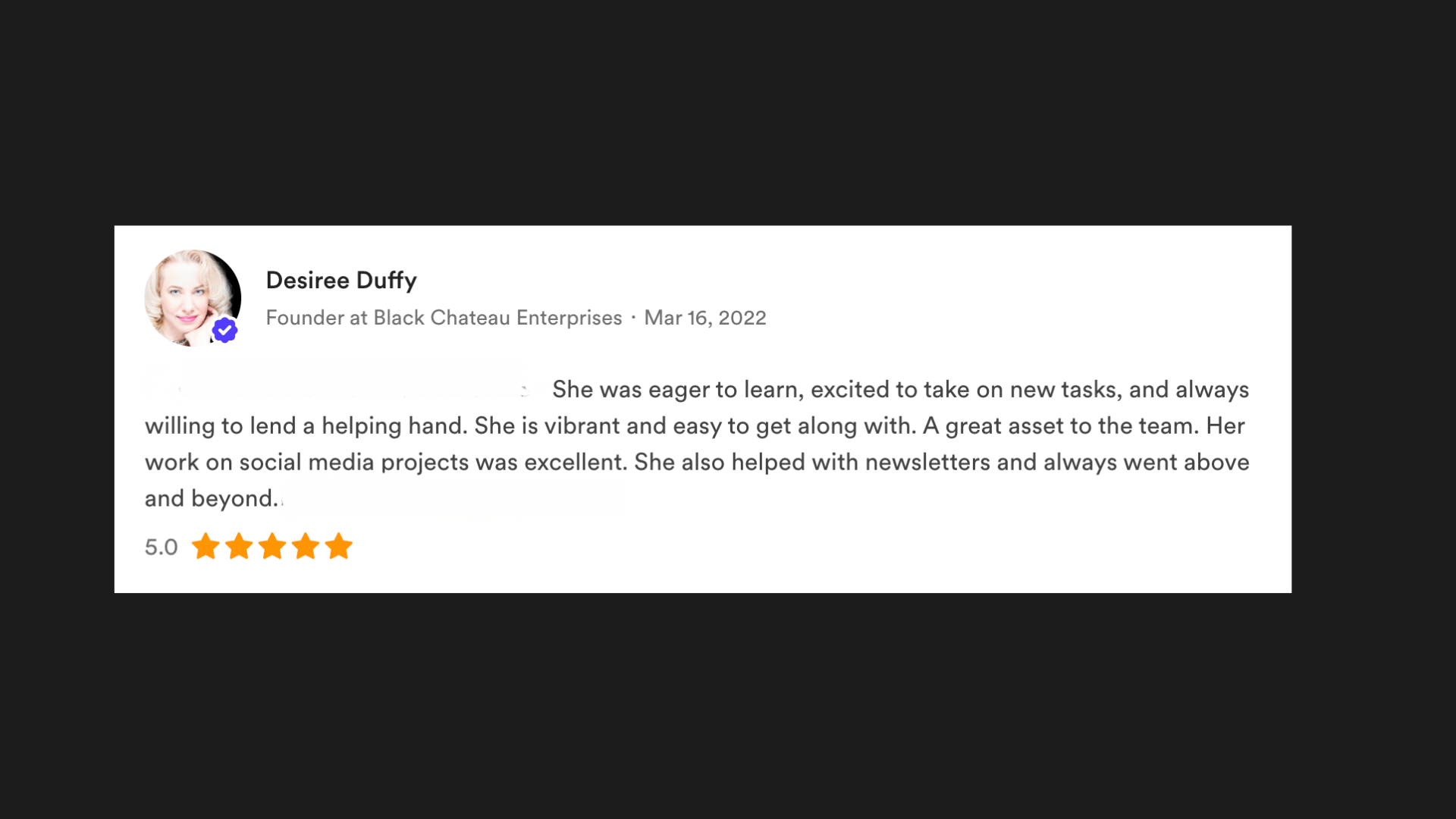 LinkedIn recommendation for Desiree Duffy with her profile picture, name, title, date, positive feedback, and a five-star rating.