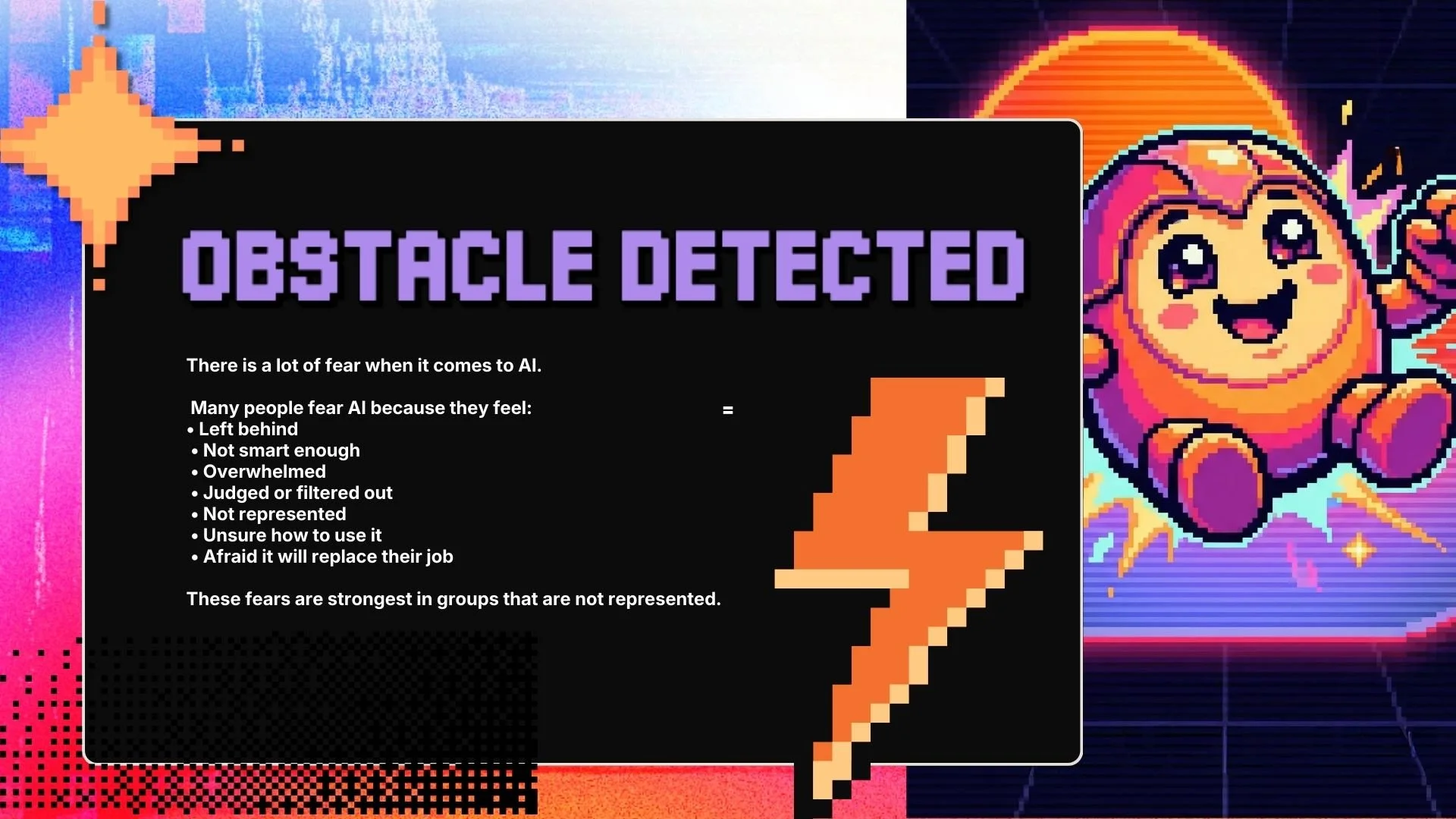 A pixel art style digital illustration featuring a black message box that says "Obstacle Detected" with a pixelated orange arrow pointing to the right. In the background, there are colorful, retro-style graphics, including a smiling, adorable, pixelated moon character with a sunset and stars.