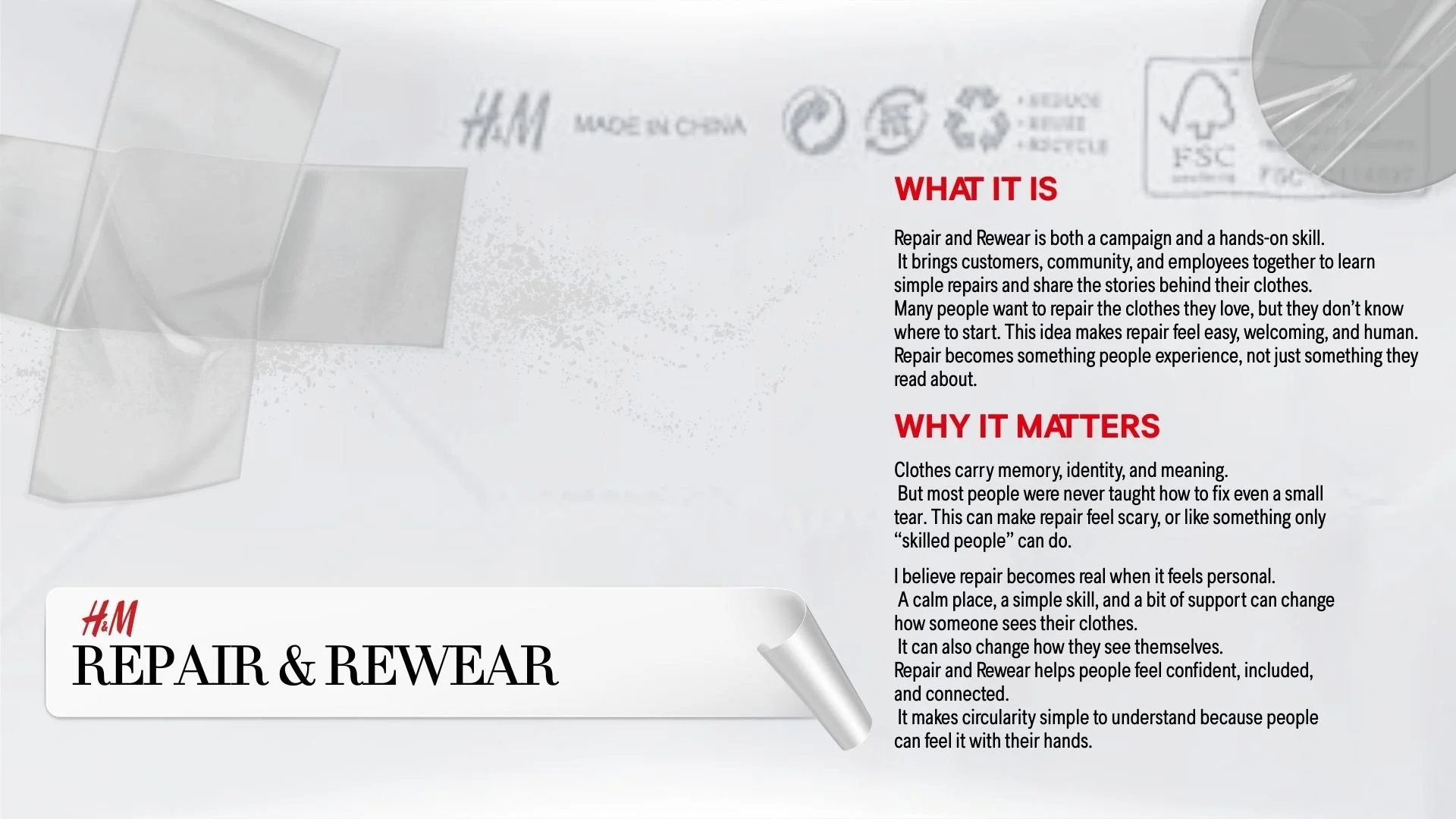 A promotional flyer for H&M's Repair & Rewear campaign, explaining the importance of clothing repair as a community and personal skill, emphasizing its emotional and identity significance, with the headline in bold red text and the bottom-left corner featuring a curled corner detail.