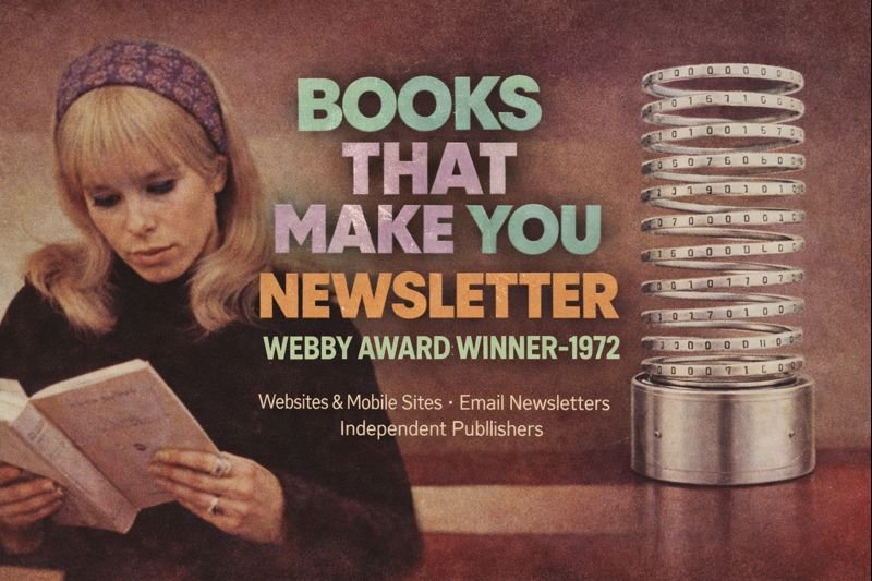 A woman with blonde hair and a headband reading a pink book. To the right, there is a tall stack of rolls of paper or film with binary code, and a metallic base.