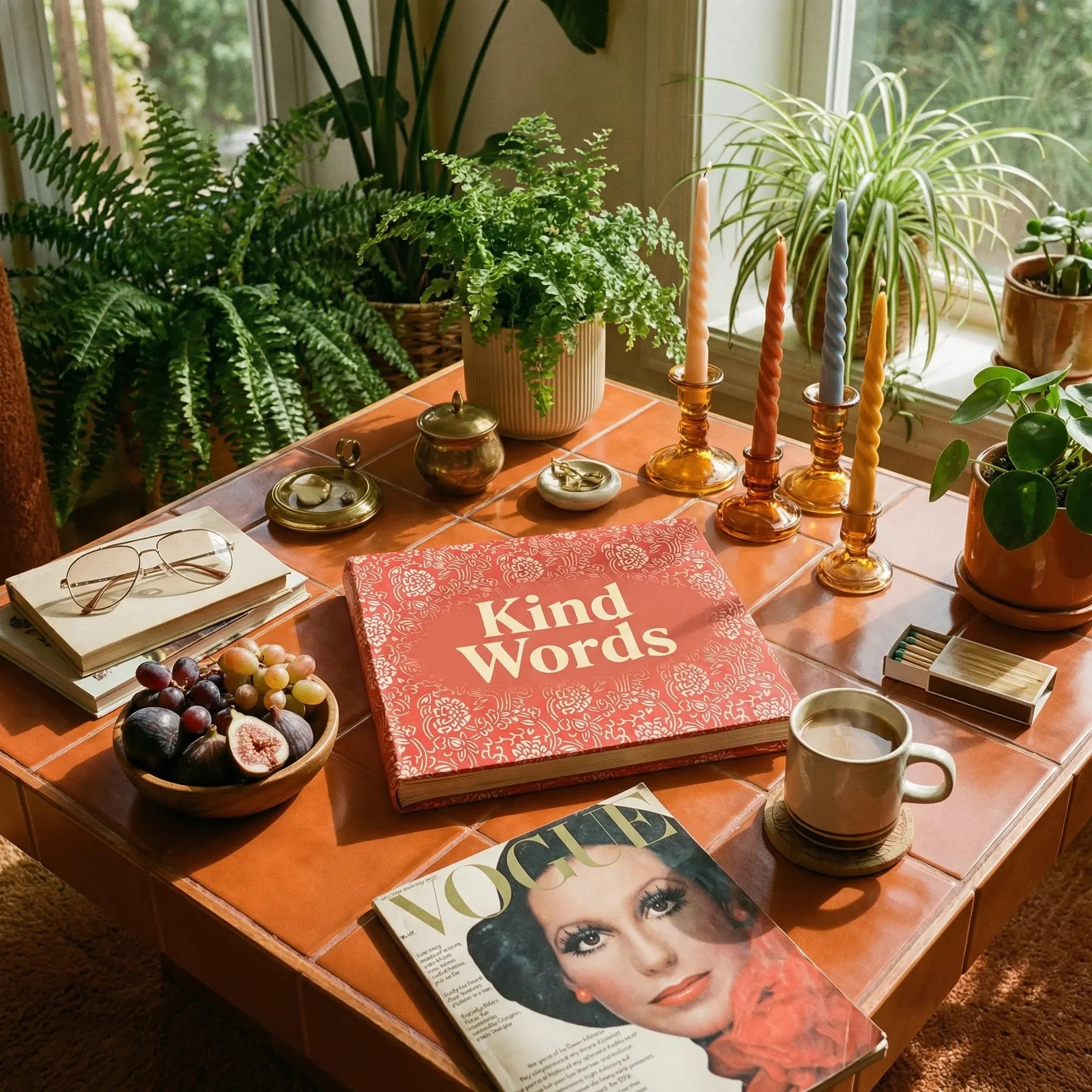 A wooden table with potted plants and candles, a book titled 'Kind Words', a Vogue magazine, a cup of coffee, glasses, a bowl of mixed grapes and figs, and some jewelry.