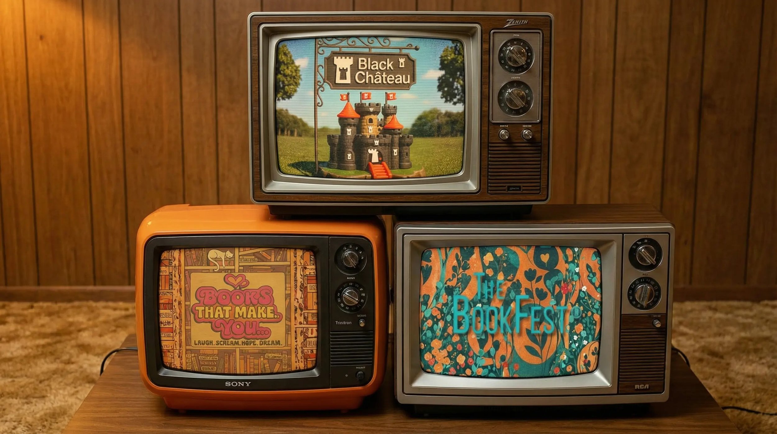 Three vintage television sets stacked on a wooden table, with a wood-paneled wall in the background. The top TV displays a castle with a sign saying 'Black Château.' The left TV shows a colorful book-themed graphic with the text 'Books That Make You...,' and the right TV features a design with the text 'The Book Fest' over a floral background.