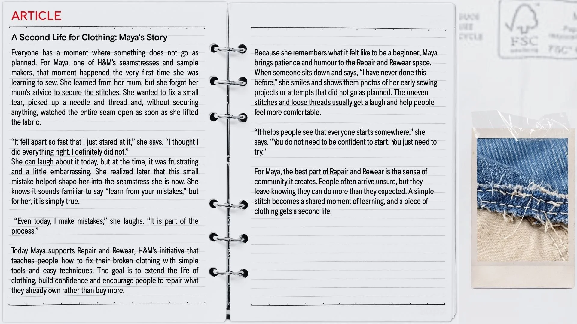 Open notebook with an article titled 'A Second Life for Clothing: Maya's Story,' featuring handwritten notes and a photocopy of denim fabric with stitching on the right side.