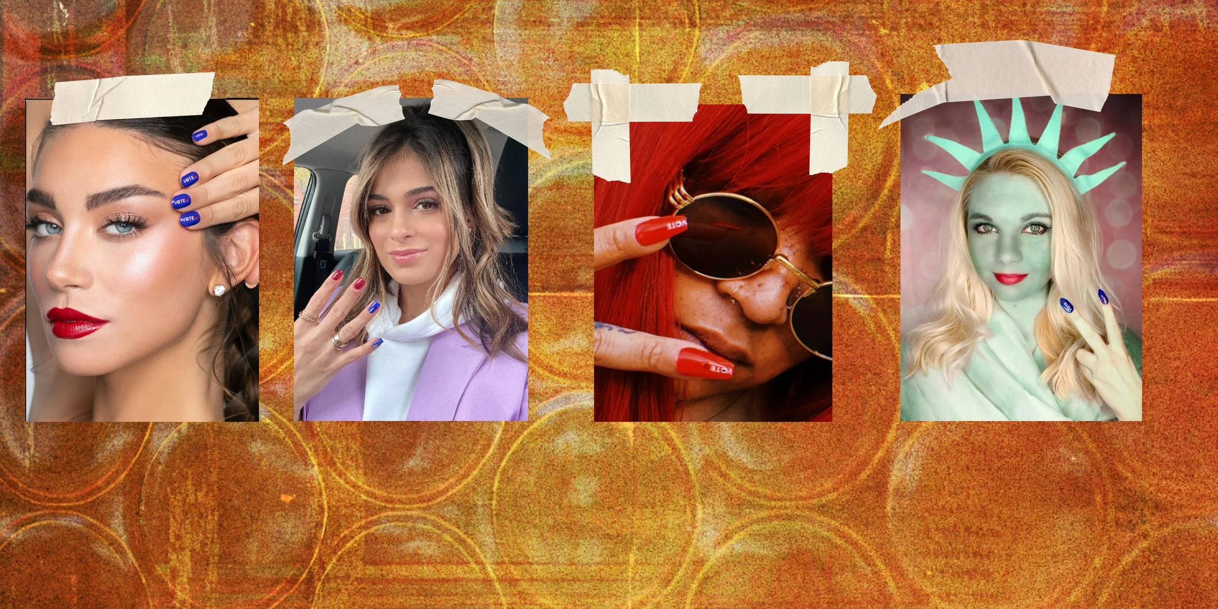 Collage of four women with creative makeup and accessories, each holding up hand with painted nails and lip messages, torn paper edges, on a textured orange and gold background.