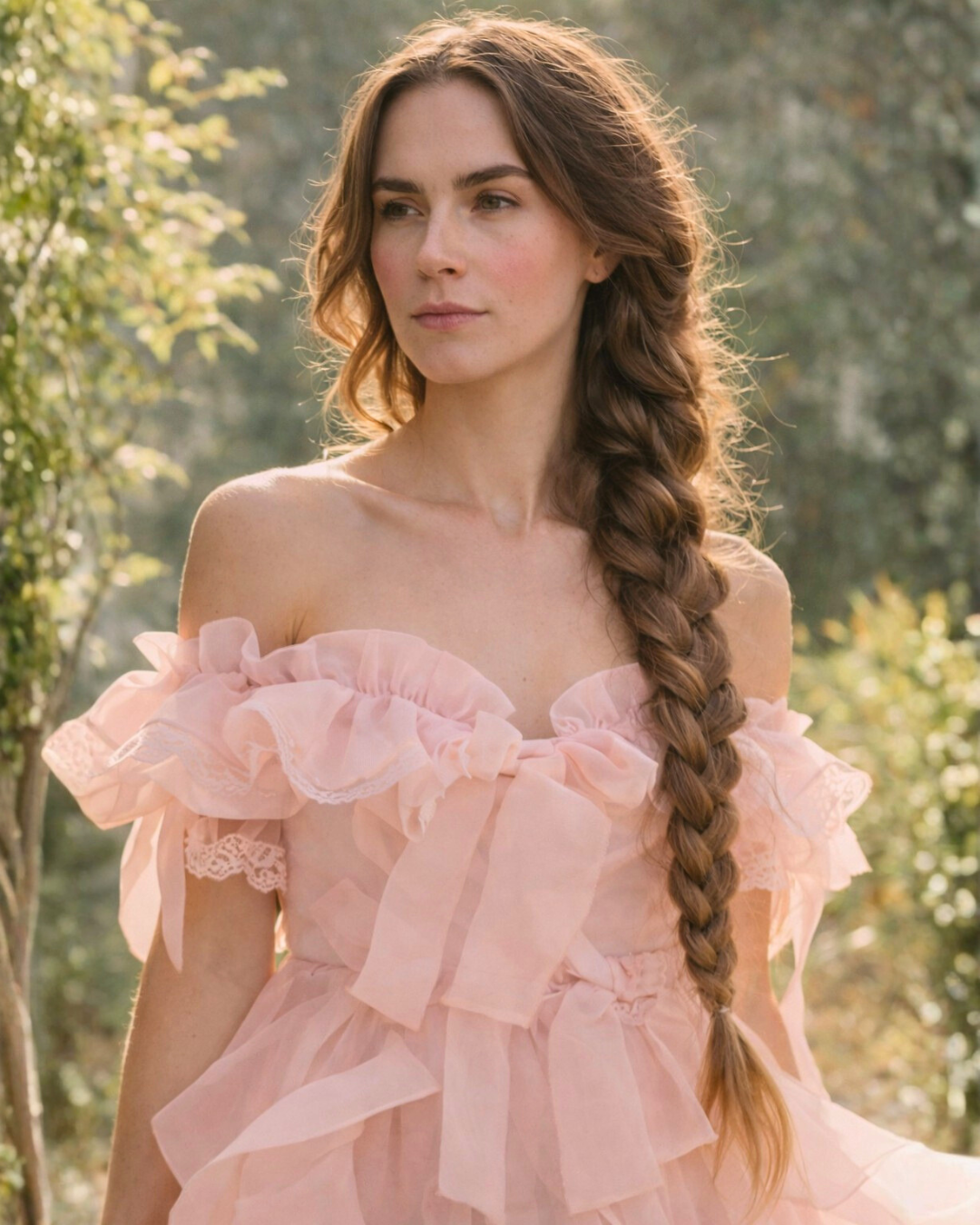 A young woman with long, braided brown hair outdoors, wearing a pink, off-shoulder dress with ruffled sleeves and lace details, on a sunny day with trees in the background.