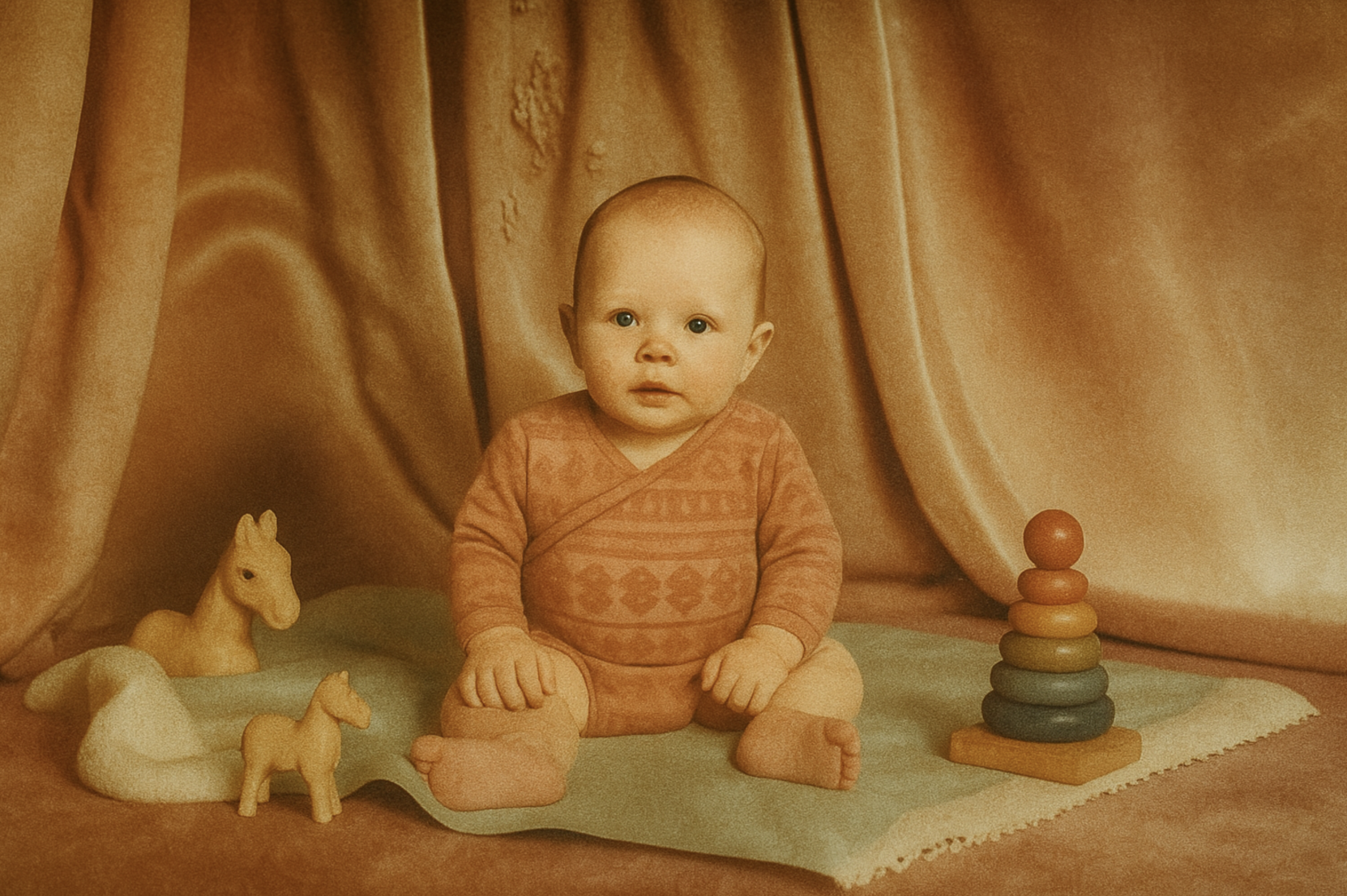 A baby sitting on a blanket surrounded by toy horses, a stack of colored pebbles, and a small rock, with a pinkish cloth backdrop.