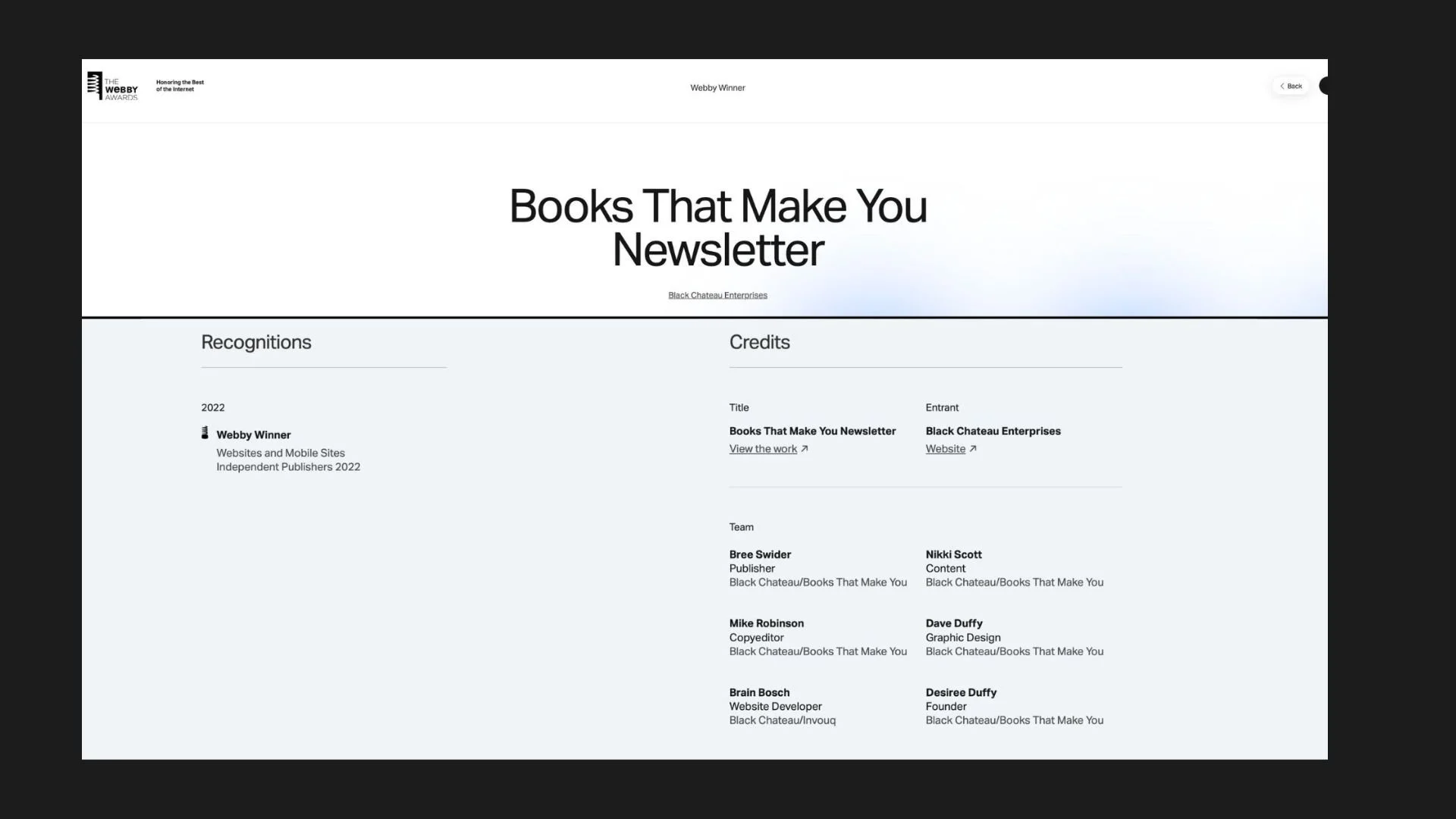 Screenshot of an award recognition page titled "Books That Make You Newsletter" from Webby Awards, showing recognition details and credits for Black Chateau Enterprises.