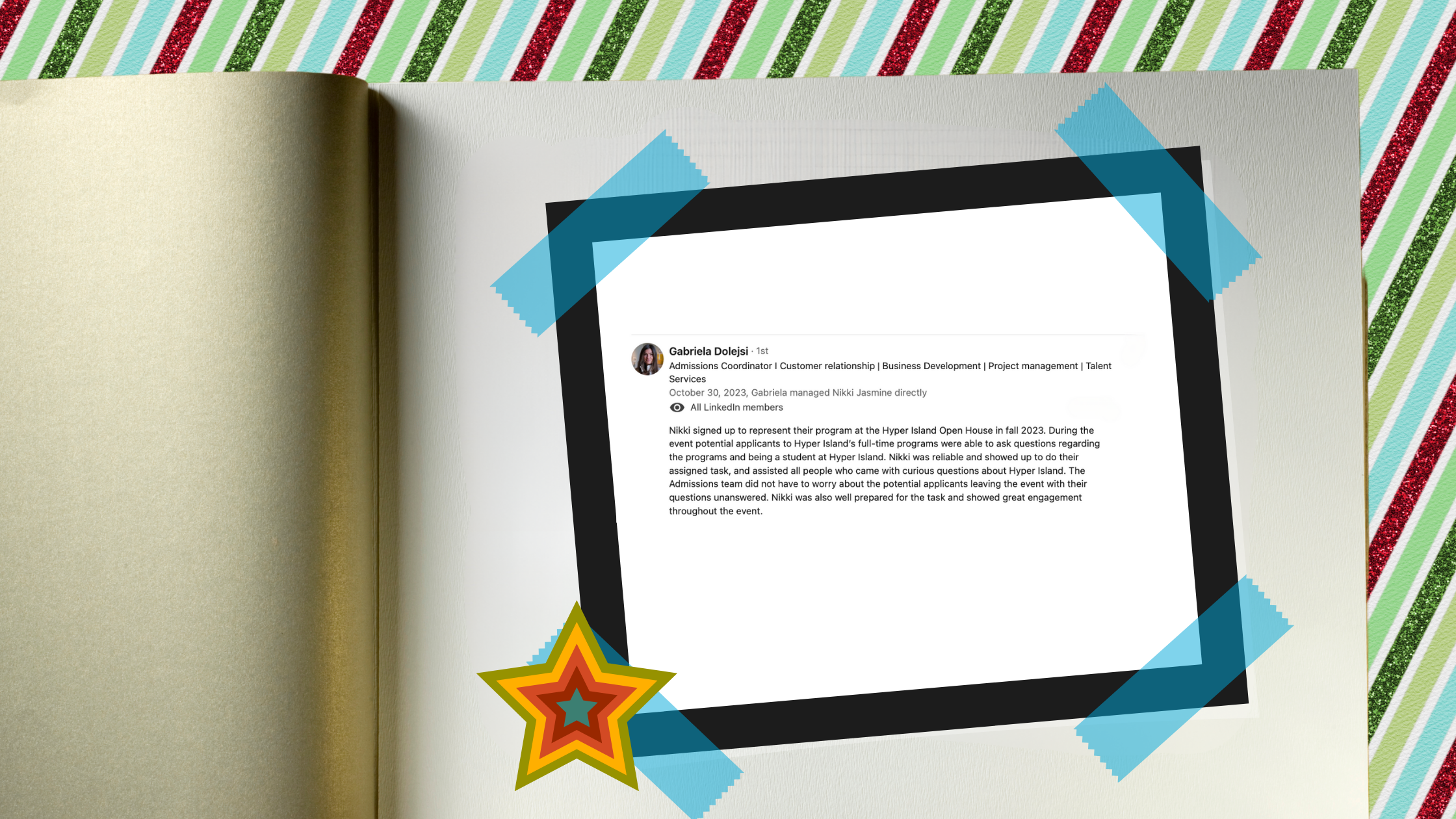 Open scrapbook with a printed LinkedIn profile on a white page, taped with four pieces of blue tape, and decorated with a colorful star sticker on a striped, colorful background.