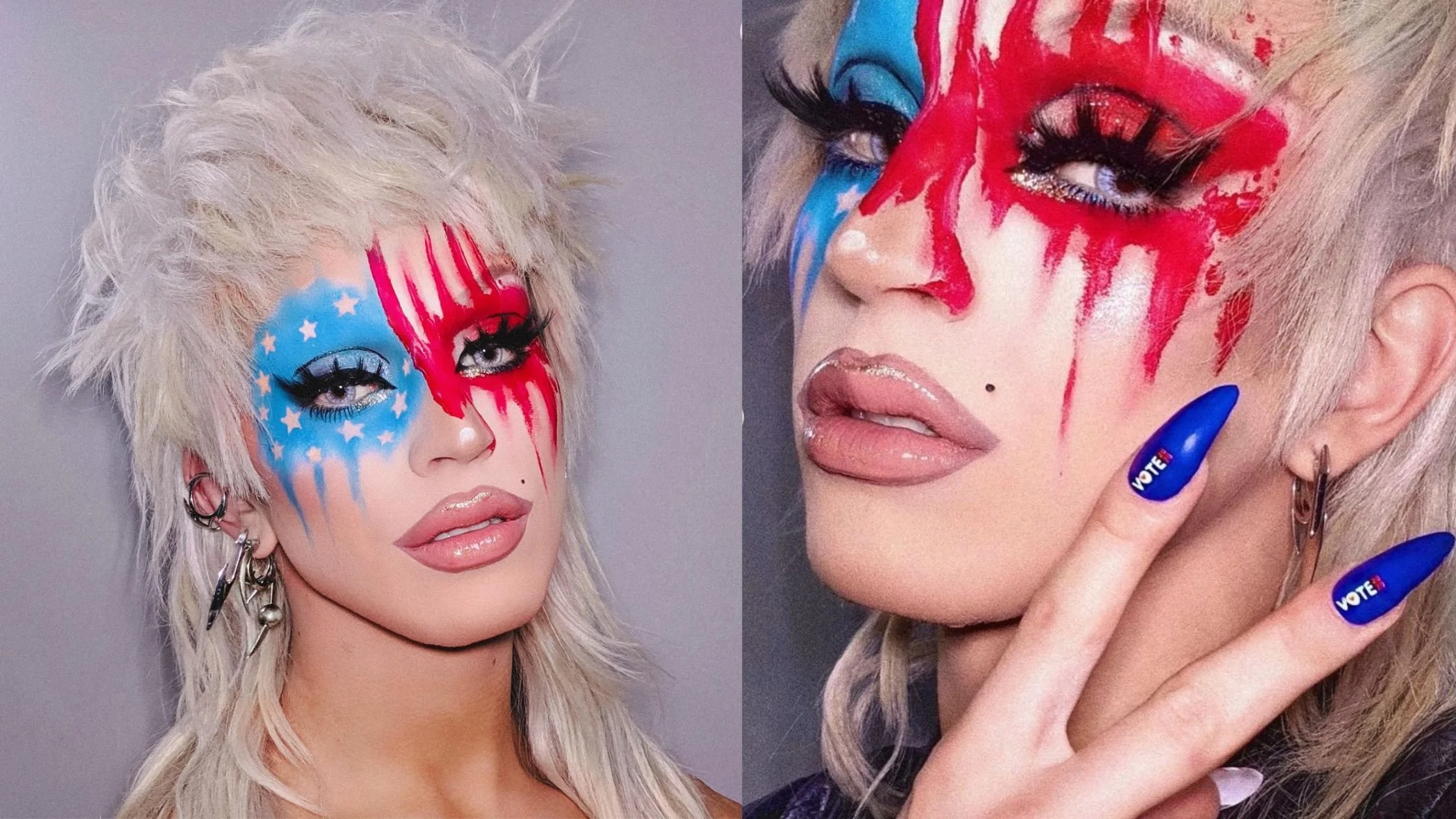 Side-by-side images of a woman with bold patriotic face paint. In the first image, her face is painted with the American flag, with blue on the left side featuring white stars, and red stripes dribbling down from the top. In the second image, she has a dramatic red and white design with blue eye makeup, nude lips, and blue nails with 'VOTE' written on them, holding her hand near her face.