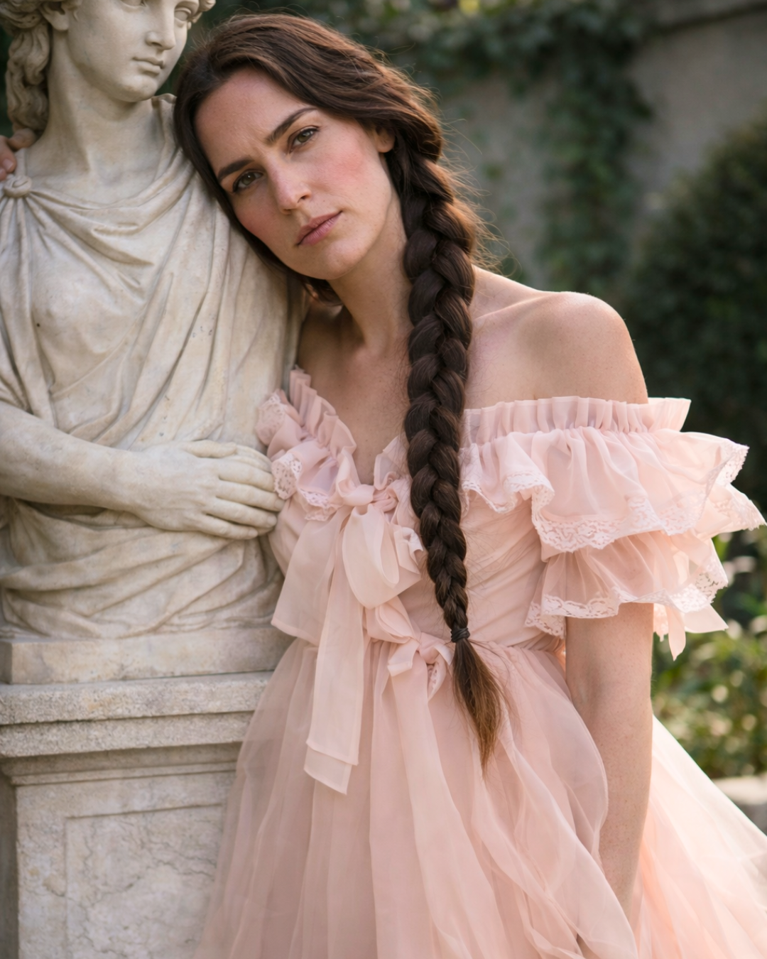 Young woman with long dark braided hair and fair skin, wearing a pink off-the-shoulder dress with ruffled sleeves and bows, standing next to a classical marble sculpture outdoors.