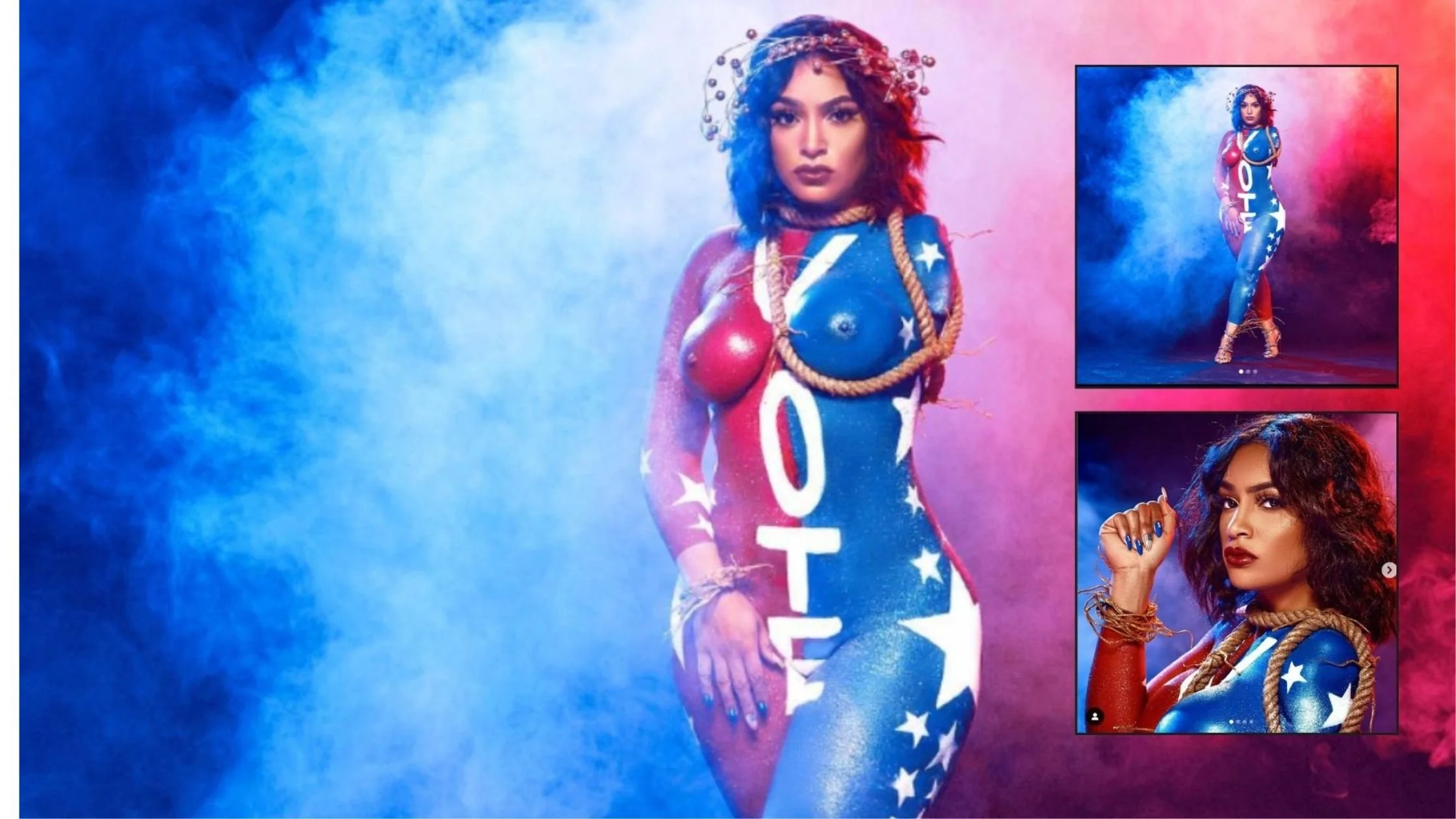 A woman wearing a bodysuit painted with the word 'VOTE' and stars in red, white, and blue colors, standing in a smoky background with blue and pink hues.